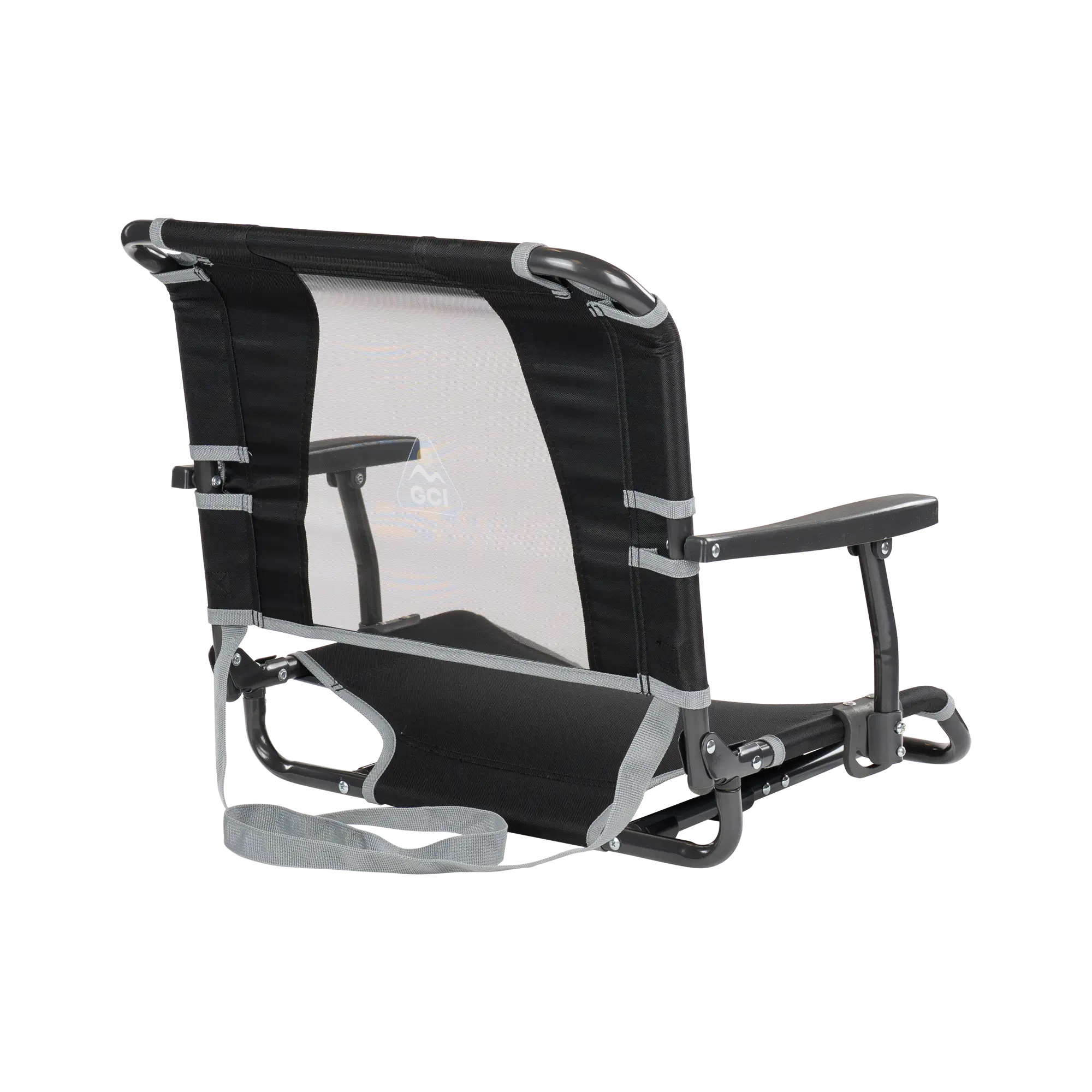 Back side of the black big comfort stadium chair with armrests.