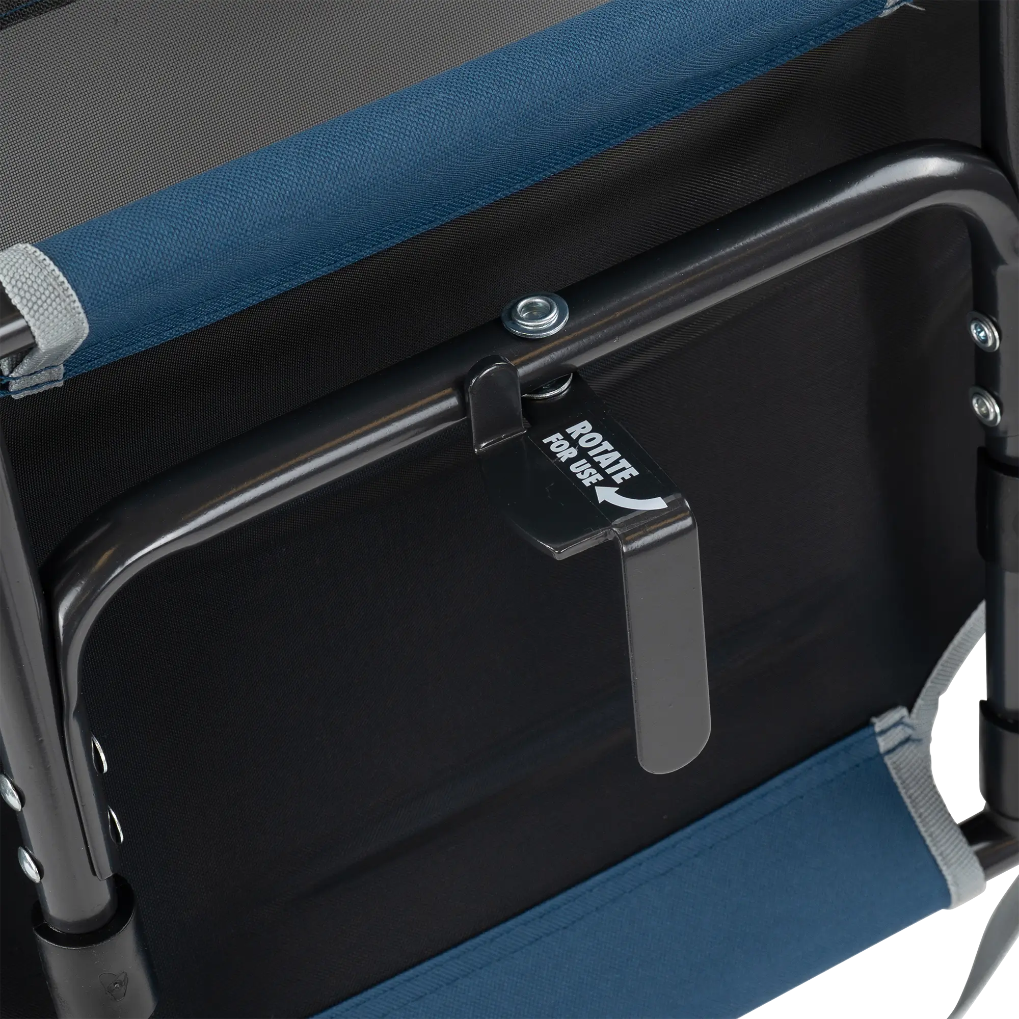 An up-close of the l-hook underneath the navy big comfort stadium chair with armrests.