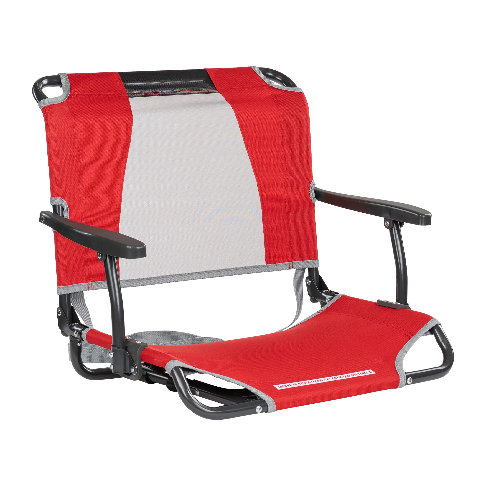 Front angle of the red big comfort stadium chair with armrests.