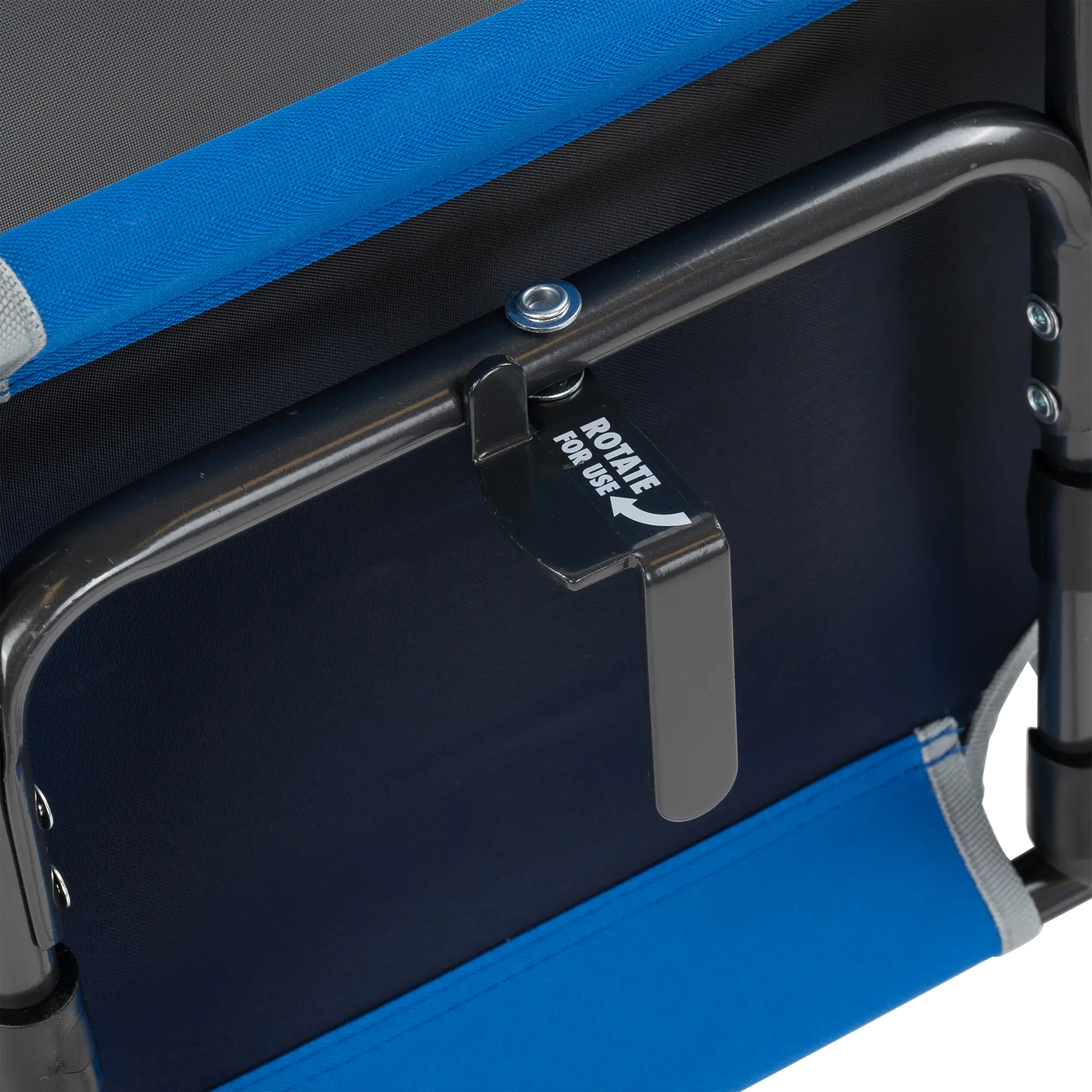 An up-close of the l-hook underneath the royal blue big comfort stadium chair with armrests.