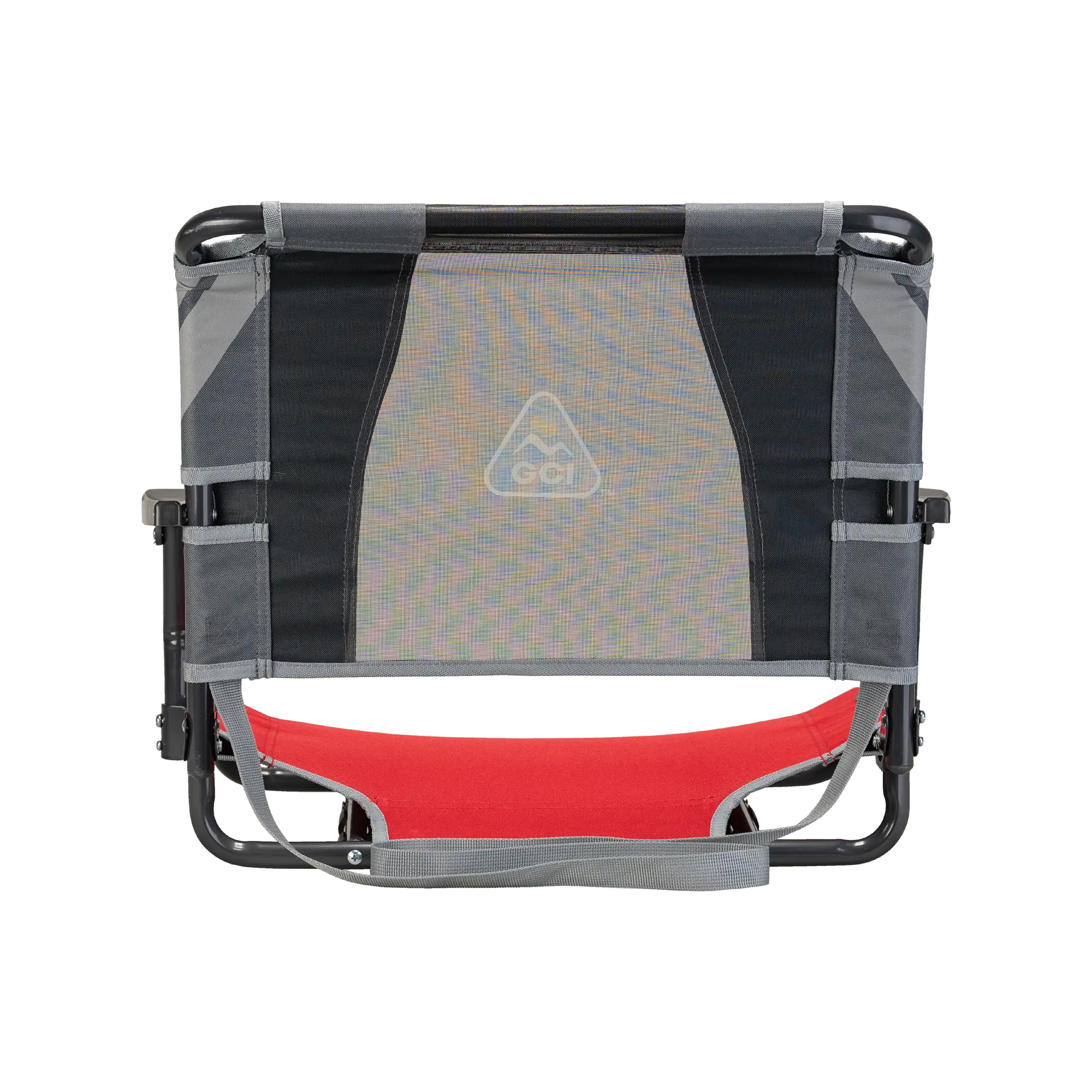 Straight back angle of the backside of the red/gray big comfort stadium with armrests.