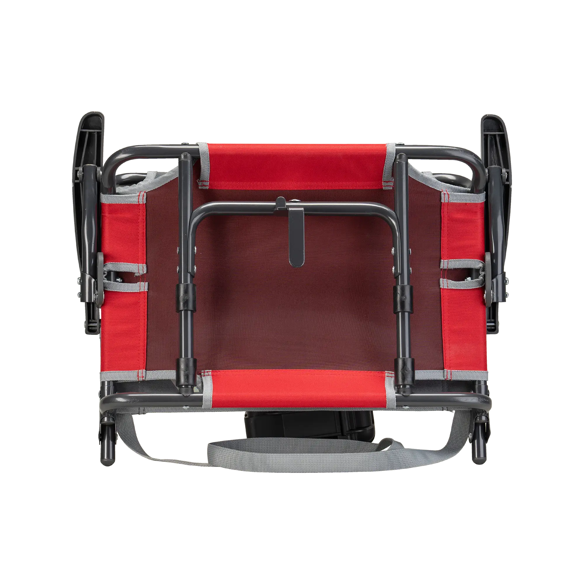 Underside of the red/gray big comfort stadium chair with armrests with the l-hook closed.