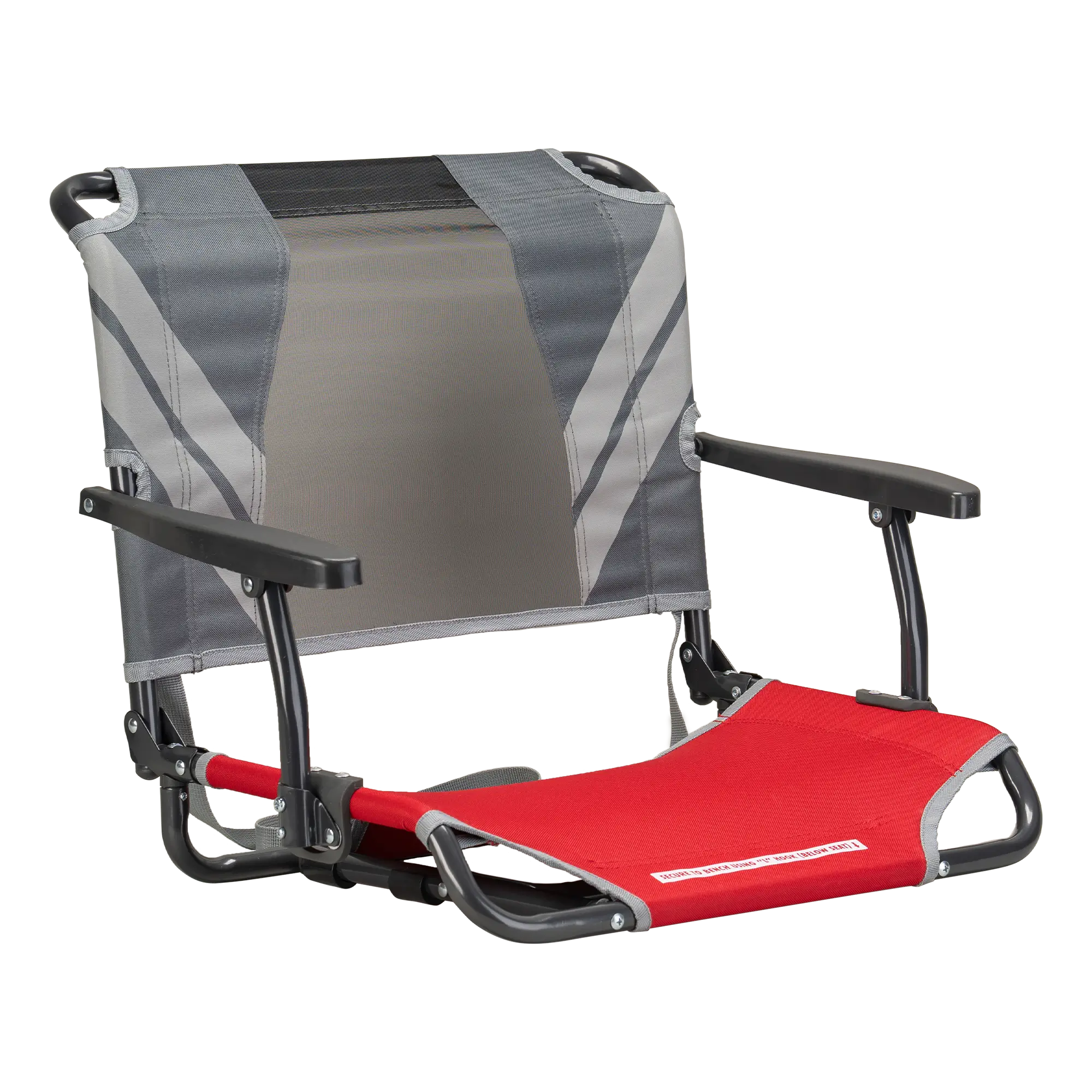 Front angle of the red/gray big comfort stadium chair with armrests.