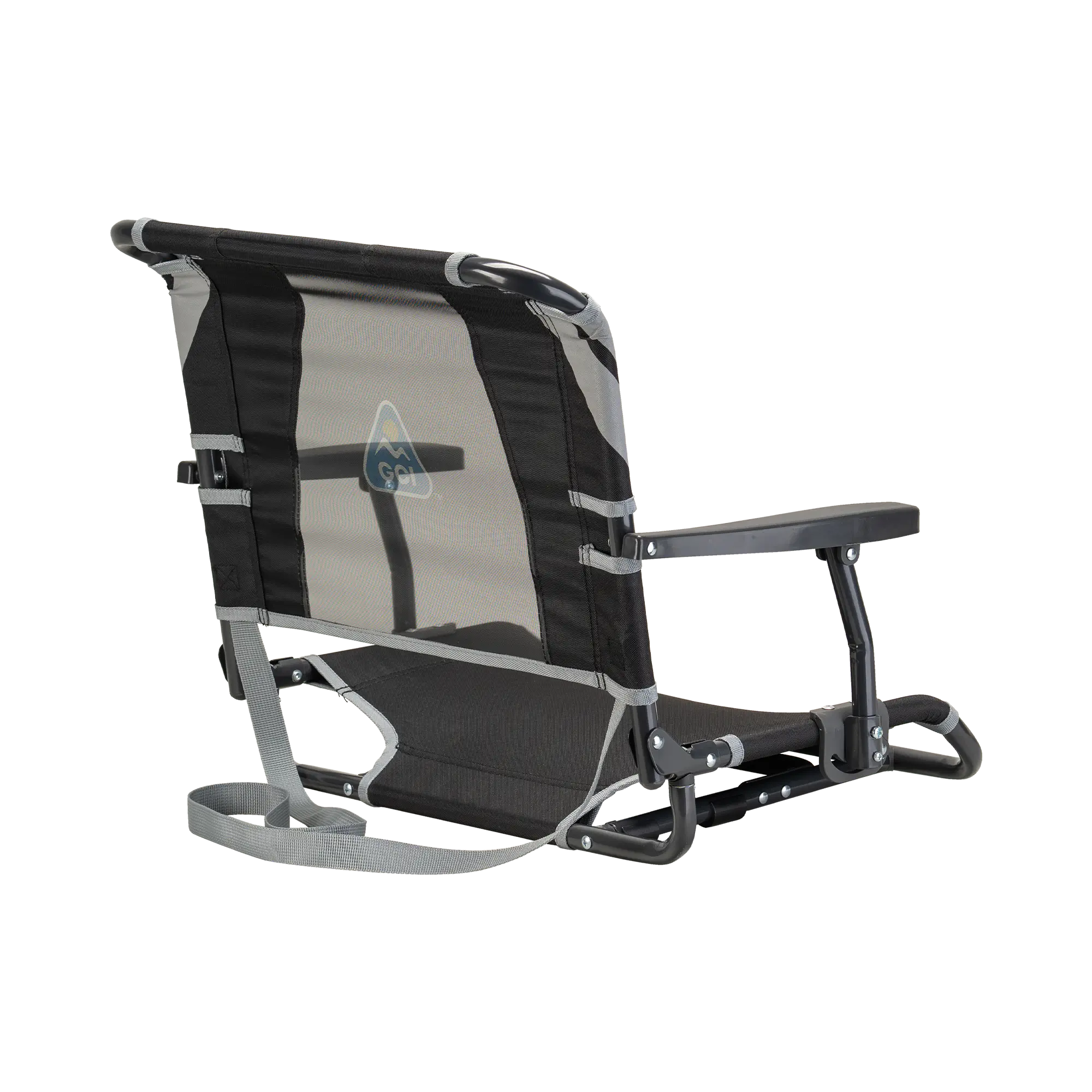 Back side of the black/gray big comfort stadium chair with armrests.