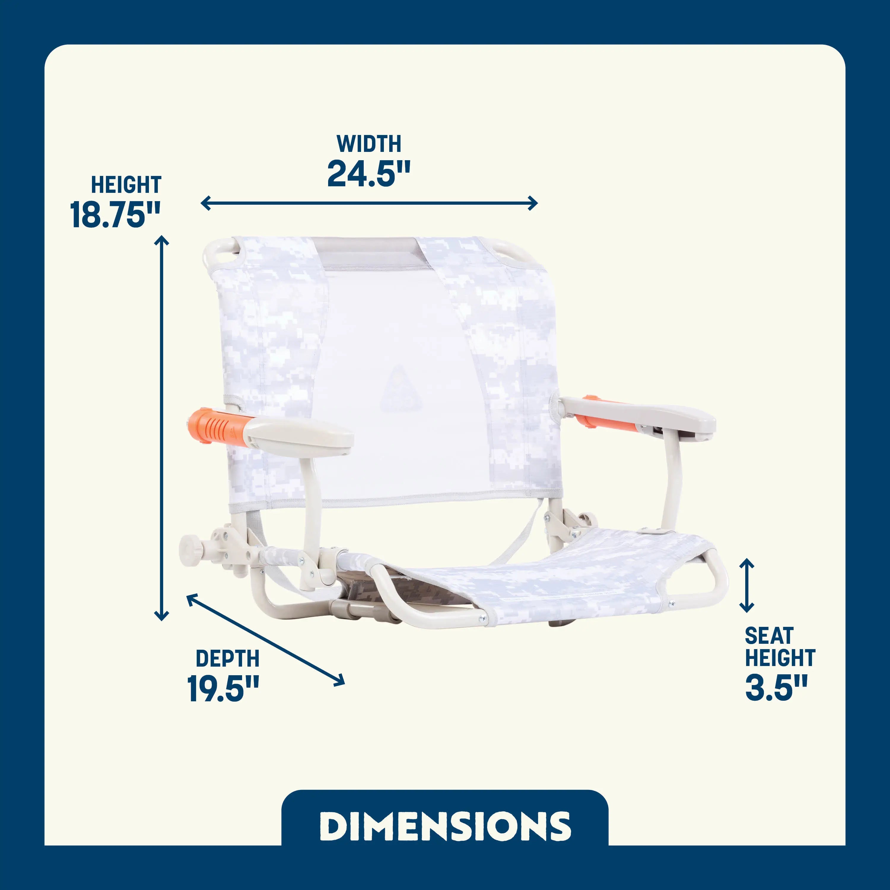 Dimension overview of the Stadium Rock-Cliner, showing labeled seat height, width, depth, and overall height.