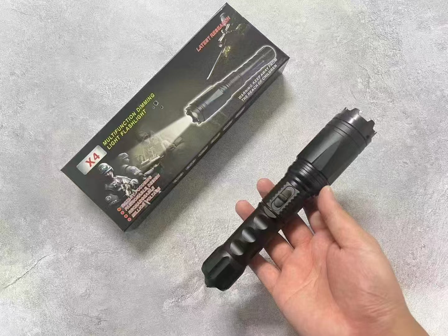 Miniature stun baton, X4 high-intensity flashlight