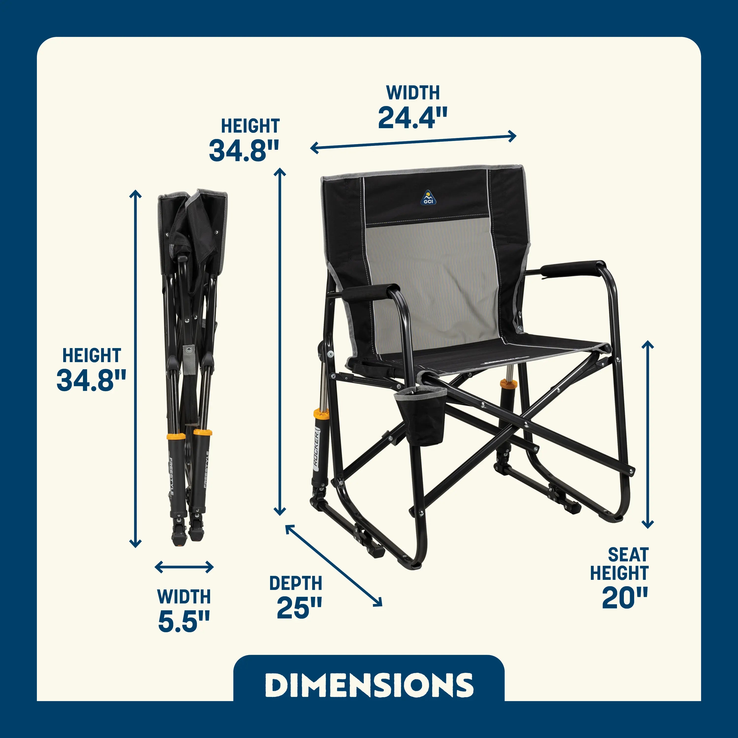 Black Freestyle Rocker shown open and folded, with seat height, width, depth, and total height labeled.