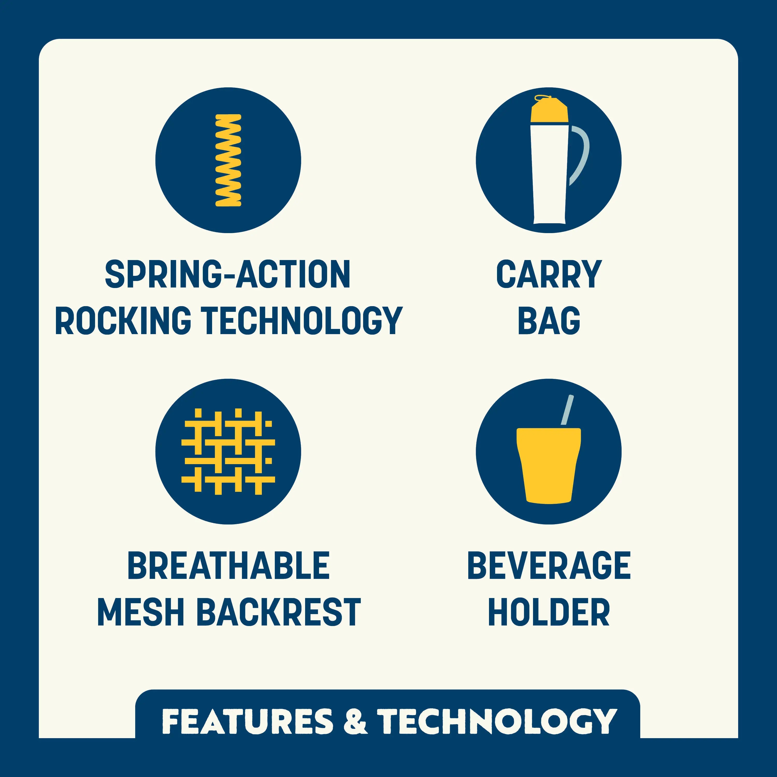 Roadtrip rocker features showing spring-action rocking, carry bag, breathable mesh backrest and beverage holder.