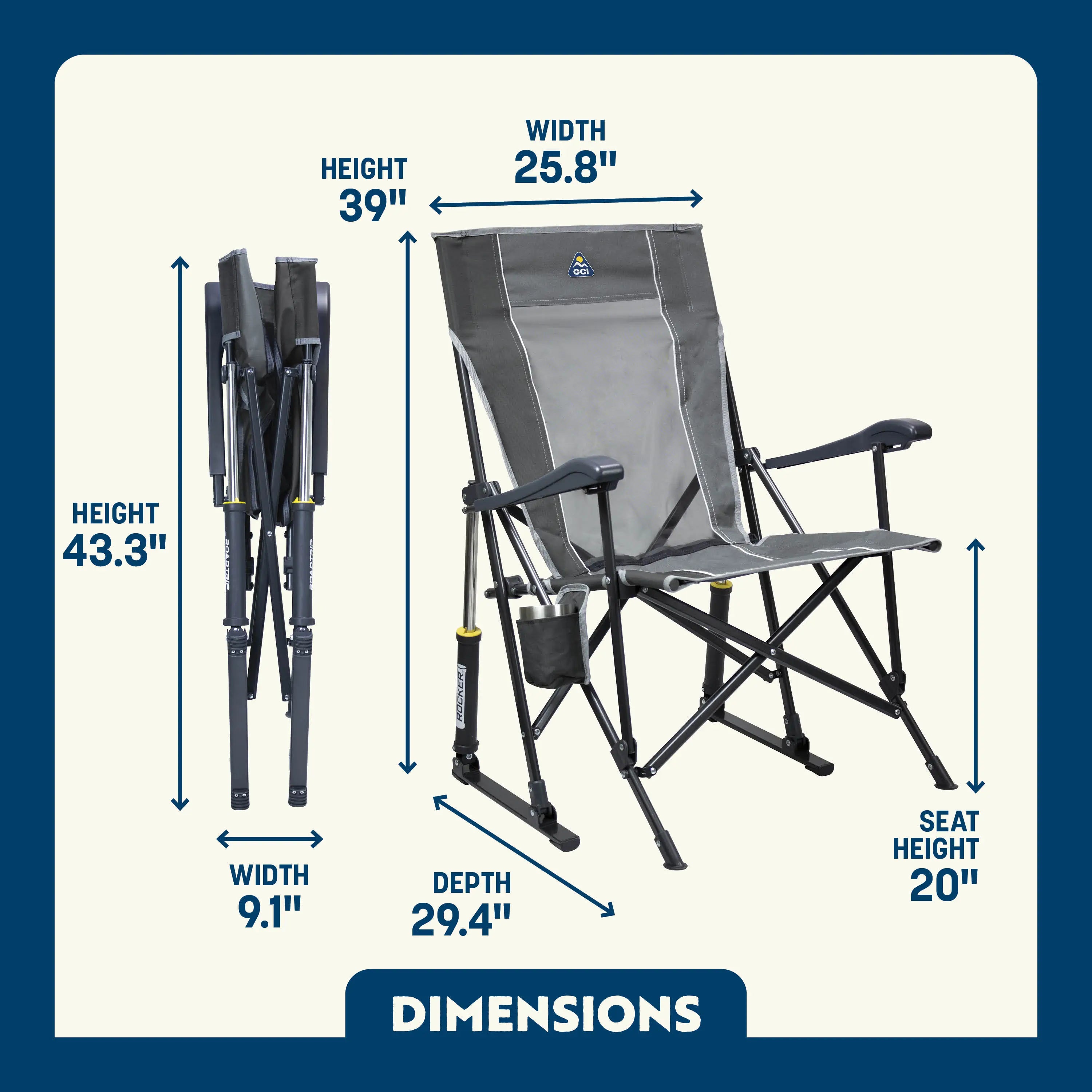 Mercury Gray Roadtrip Rocker shown open and folded, with tall backrest, cupholder, and all dimensions labeled.