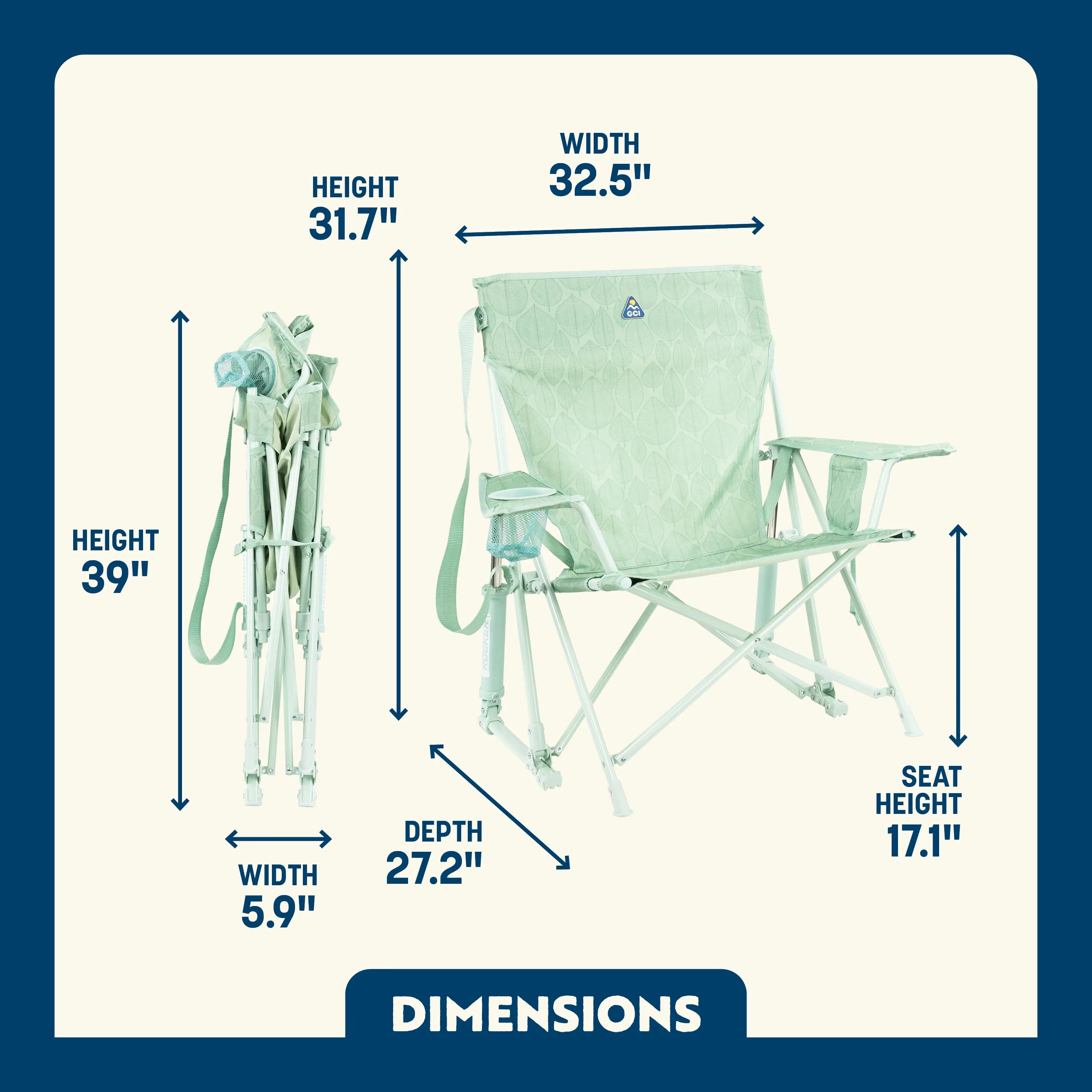 Kickback Rocker shown open and folded, with labeled height, width, depth, and seat height for easy reference.