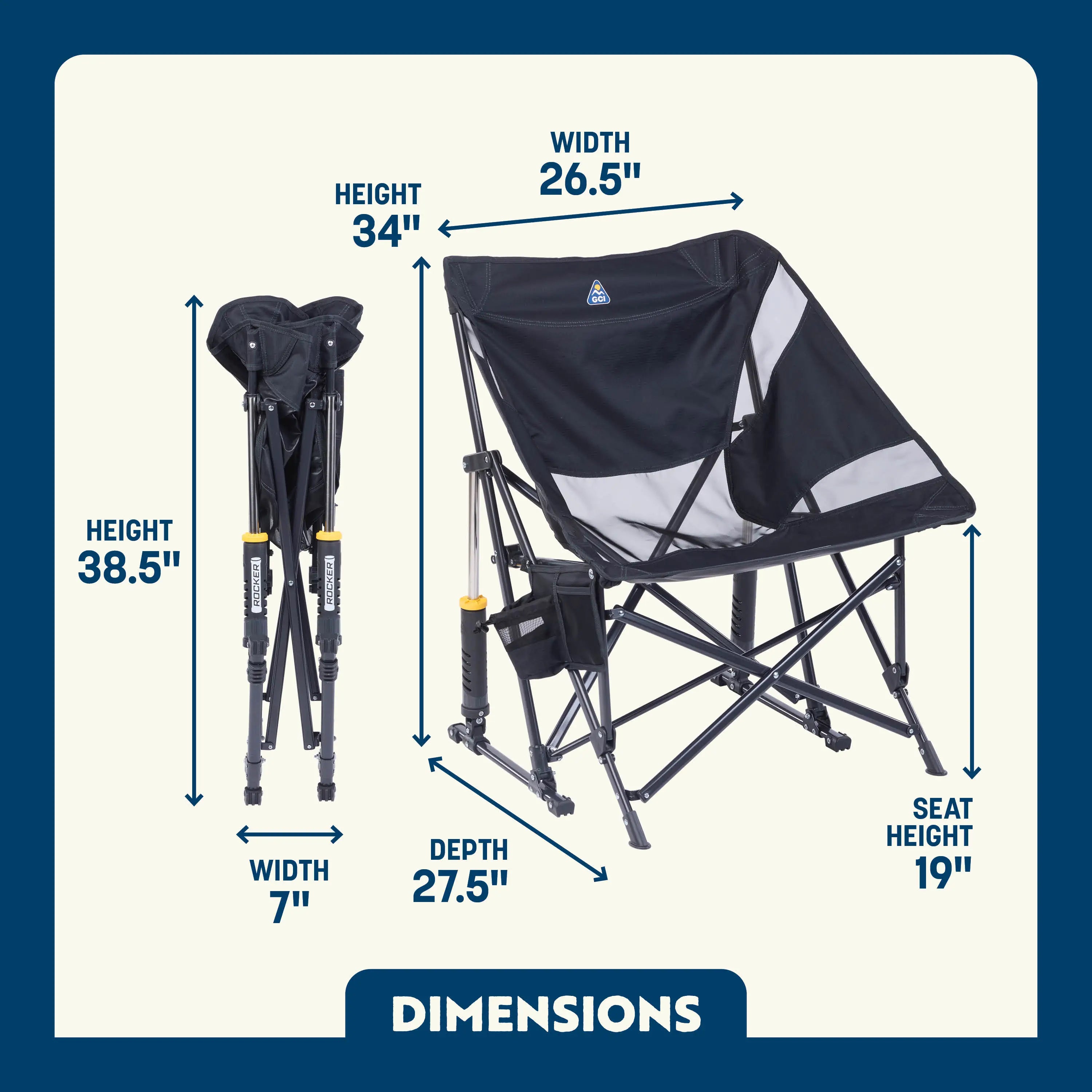 Dark Charcoal Pod Rocker Elite shown open and folded, with labeled seat height, width, and depth; includes cup and phone holder.