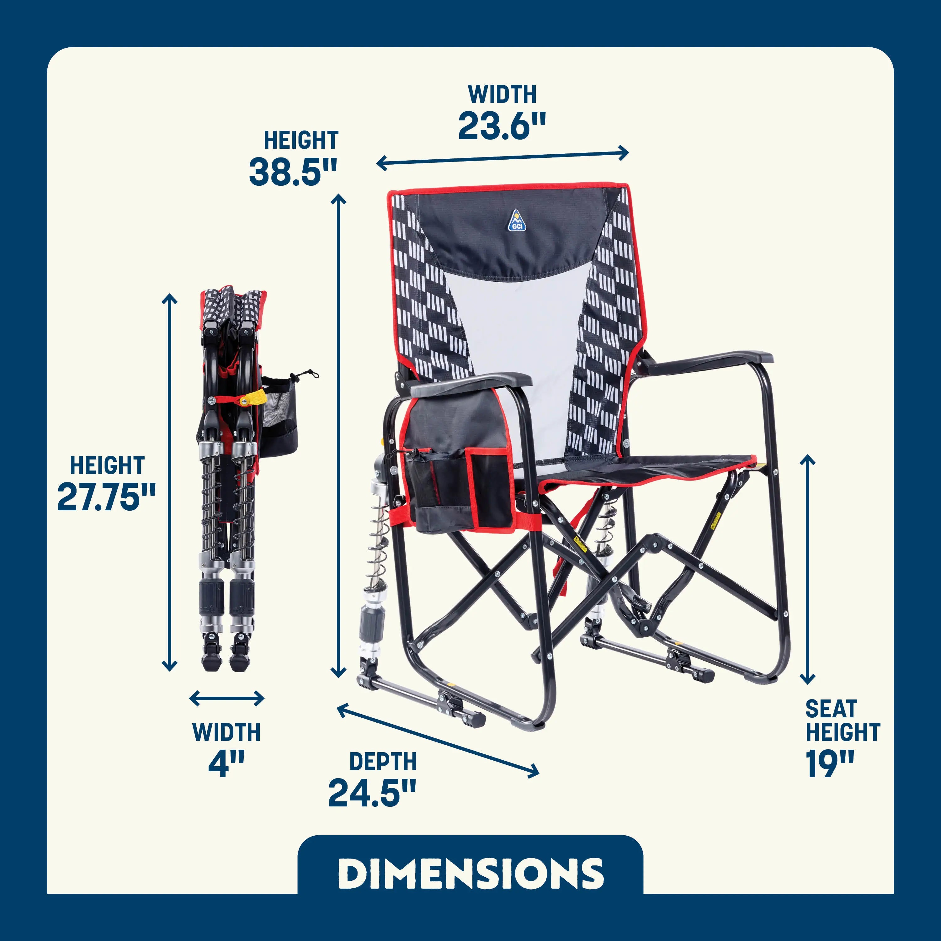 Adjustable rocker in red and black design with patterned backrest shown in full and folded view.