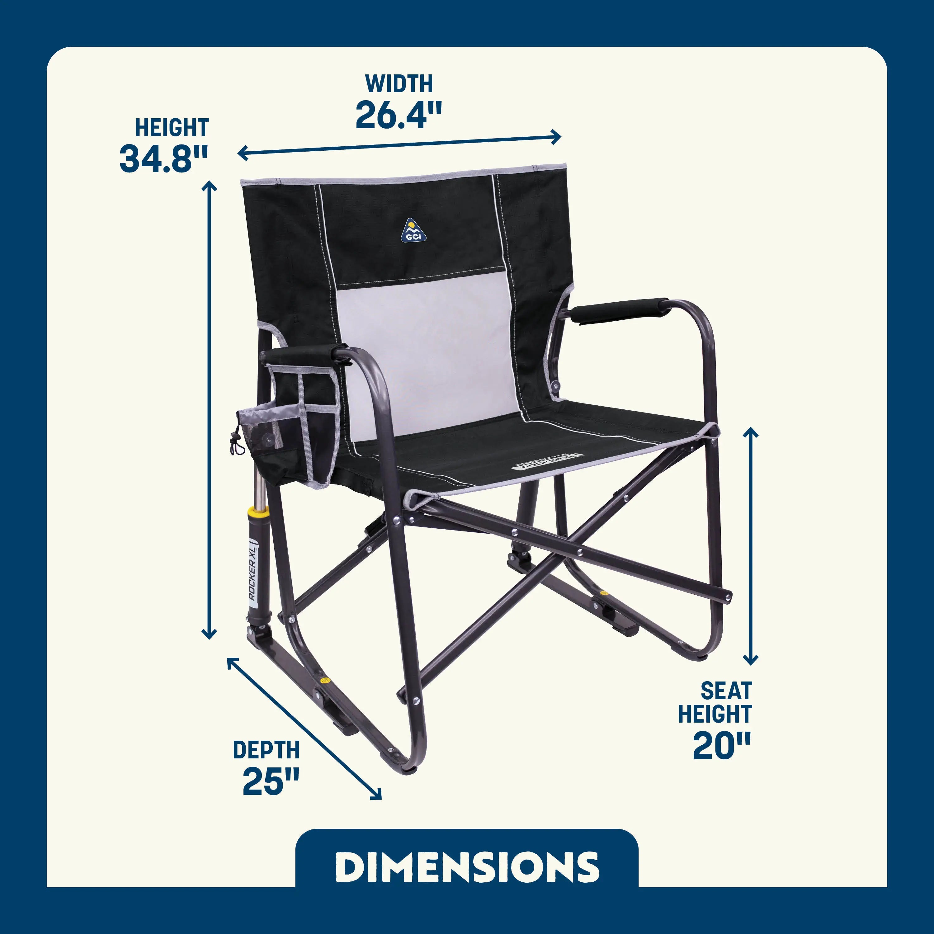 Black Freestyle Rocker XL shown upright with labeled height, width, depth, and seat height; includes cupholder.