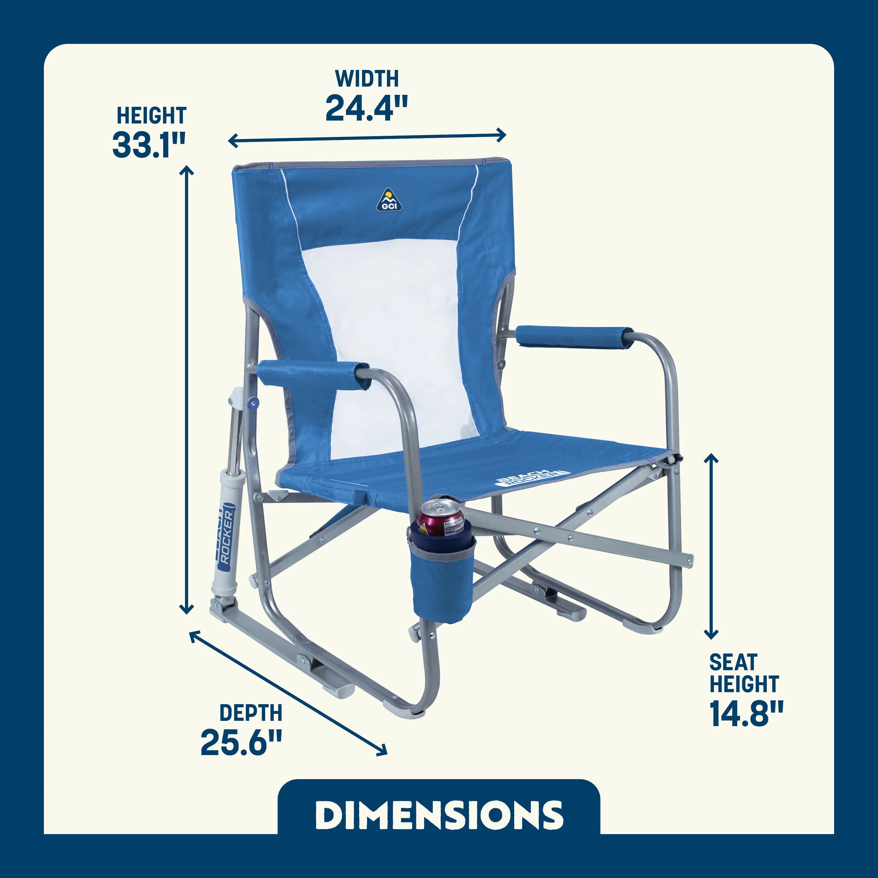 Dimension overview of the Beach Rocker chair, with labeled arrows indicating height, width, depth, and seat height.