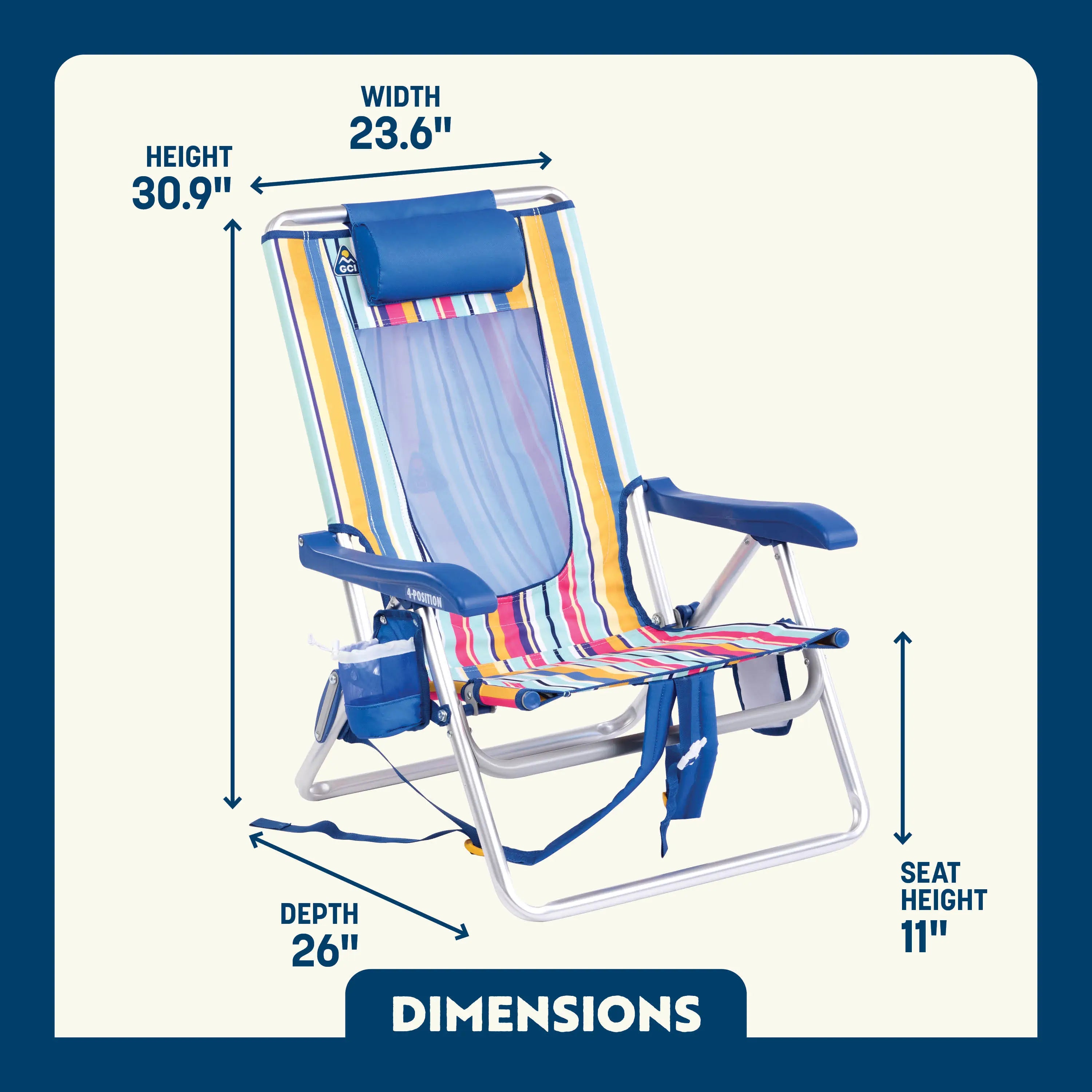 Dimension overview of the Backpack Beach Chair, with labeled height, width, depth, and seat height.