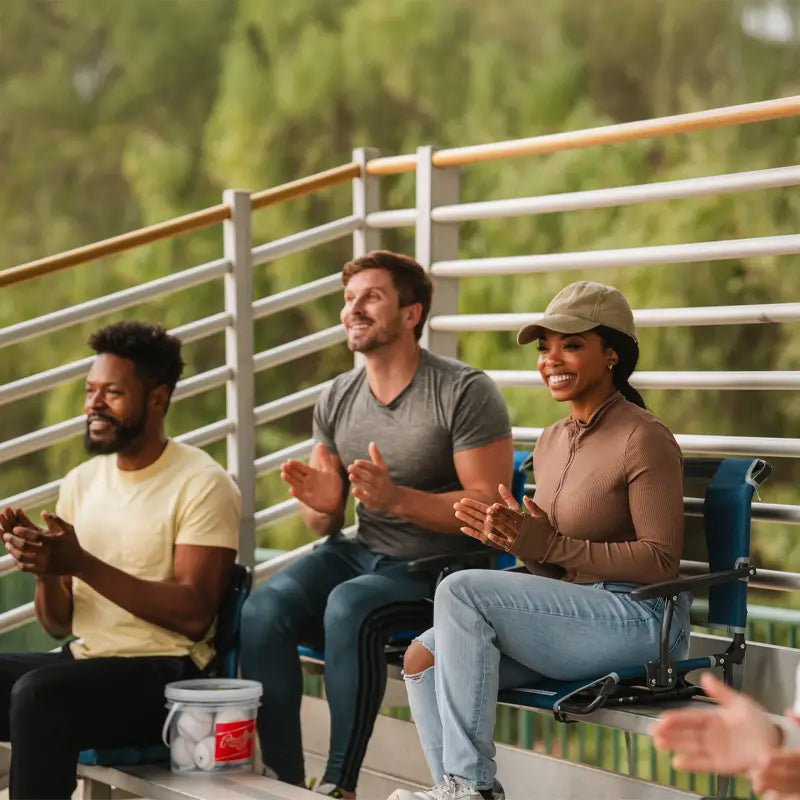 all-groups, Woman sitting and clapping in a blue Big Comfort Stadium Seat at a sports event.