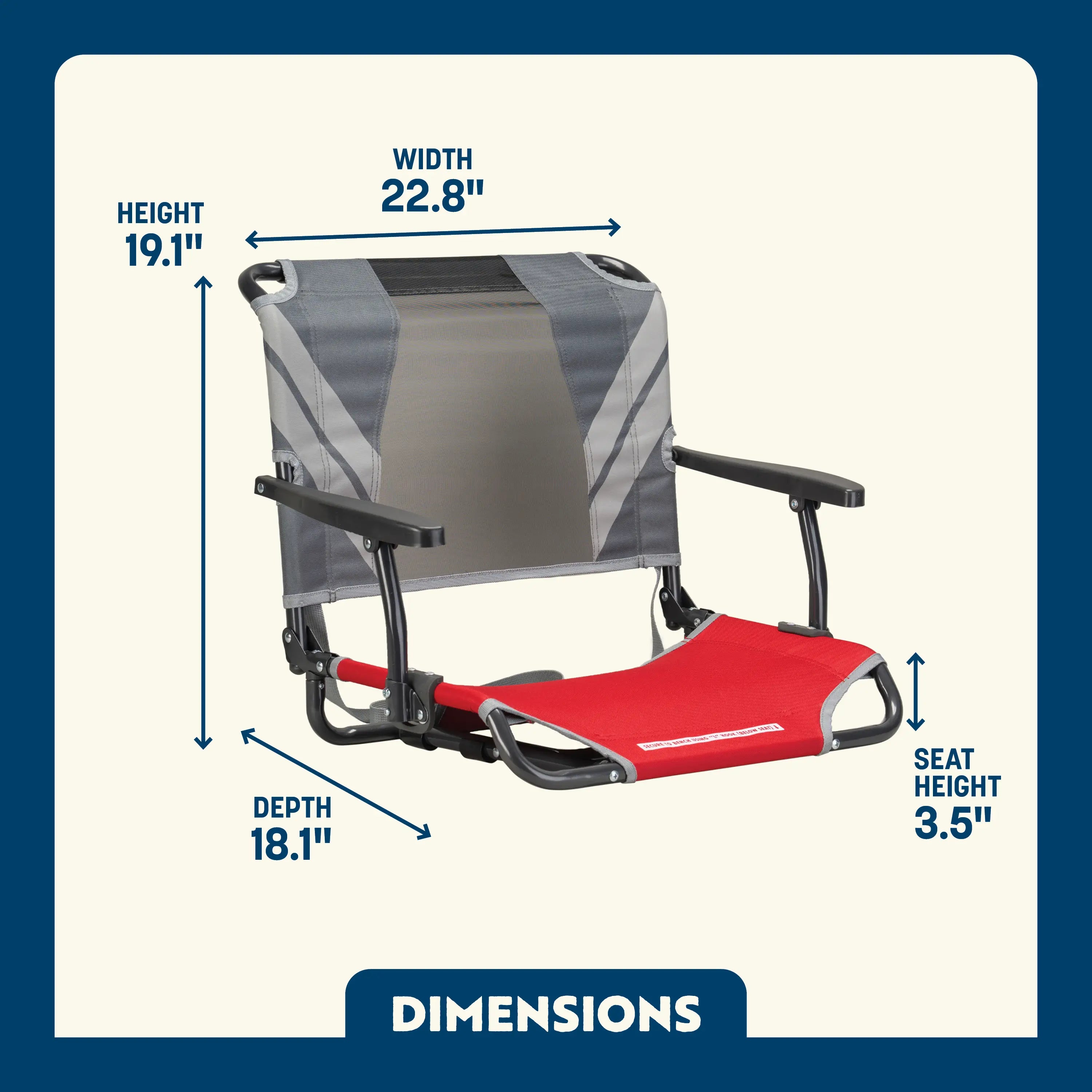 Dimension overview of the Big Comfort Stadium Chair, showing labeled seat height, width, depth, and back height.
