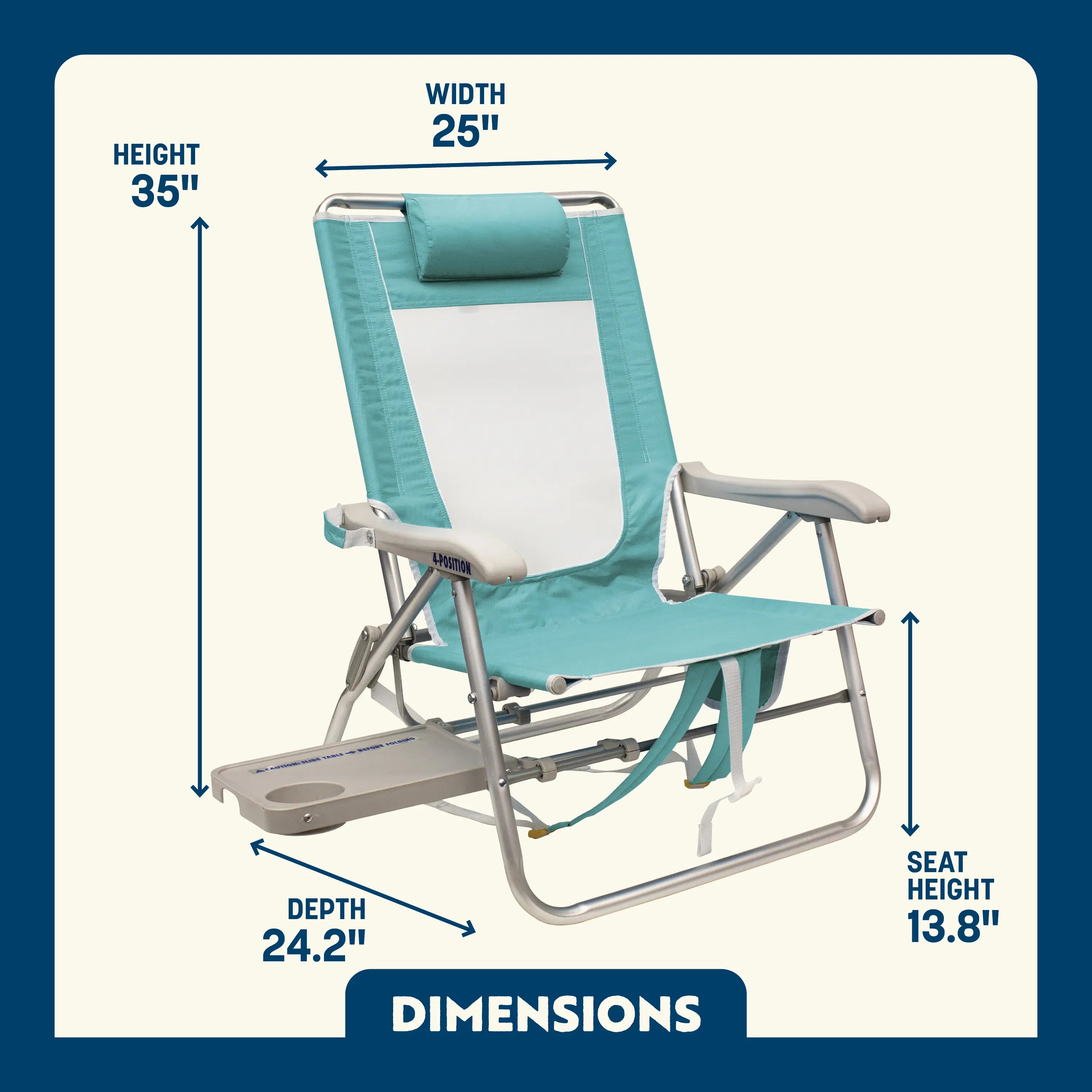 Dimension overview of the Big Surf Chair with Slide Table, showing labeled height, width, depth, and seat height.