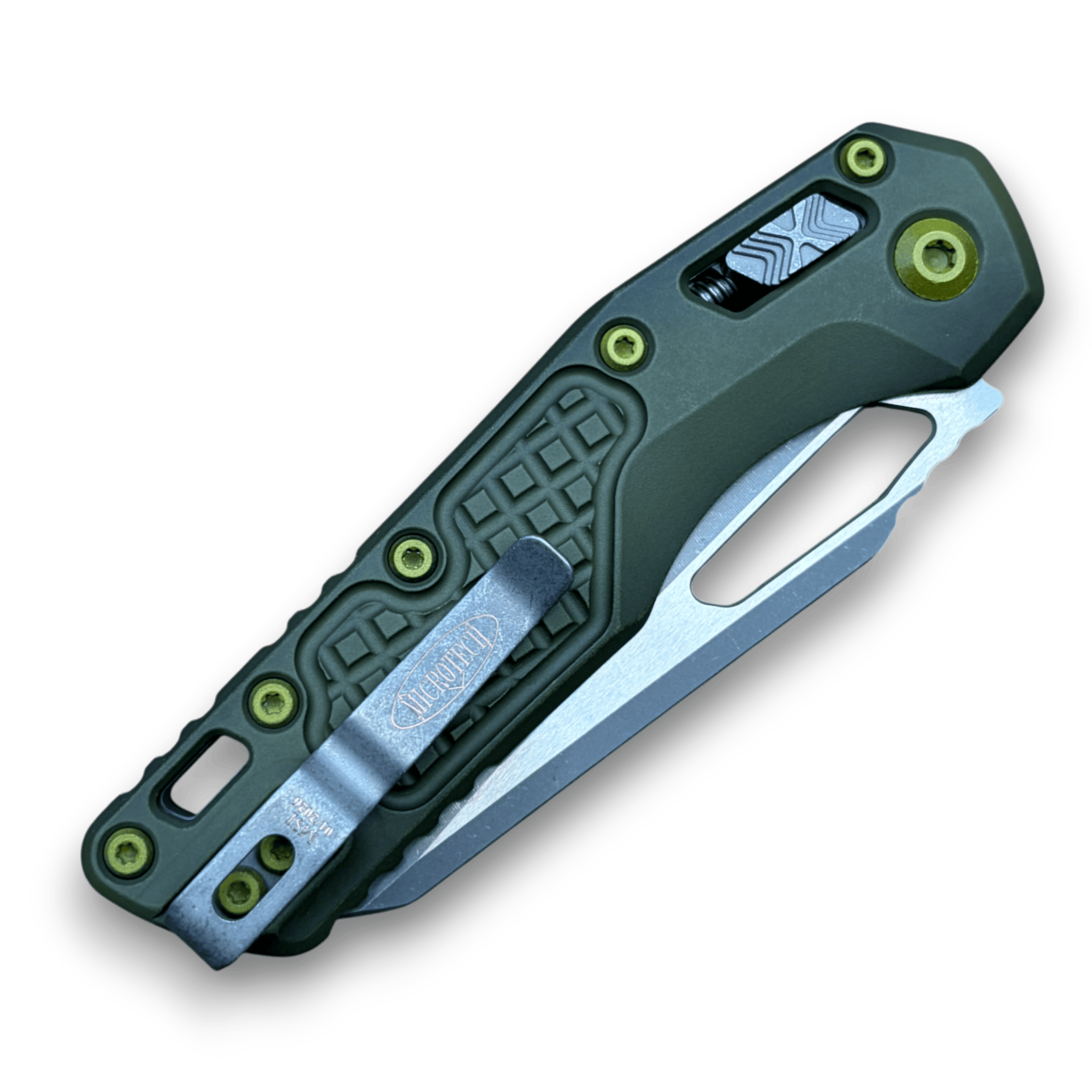 Microtech MSI RAM-LOK Folding Knife – M390MK Apocalyptic Sheepsfoot, Distressed Green Aluminum Frag Handle