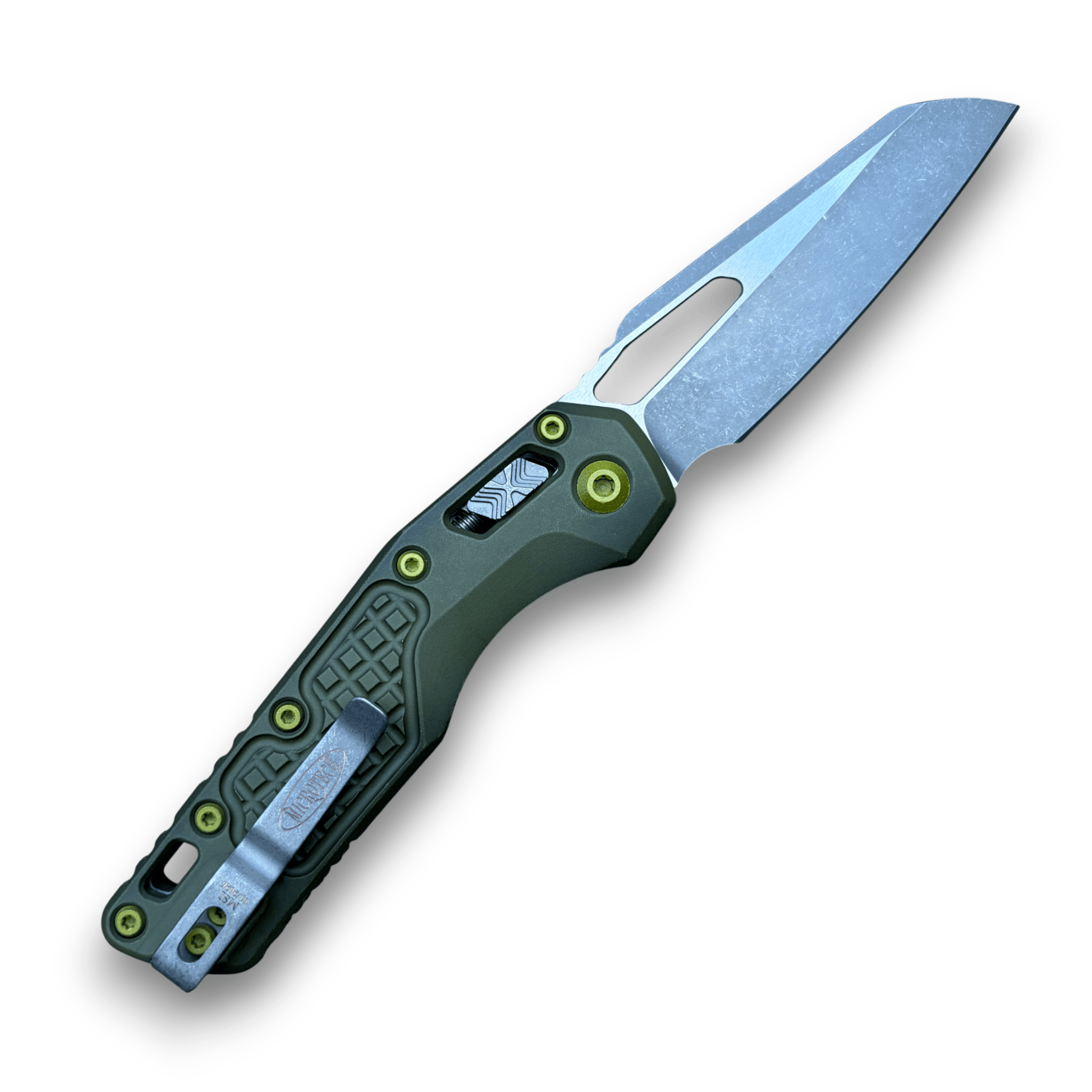 Microtech MSI RAM-LOK Folding Knife – M390MK Apocalyptic Sheepsfoot, Distressed Green Aluminum Frag Handle