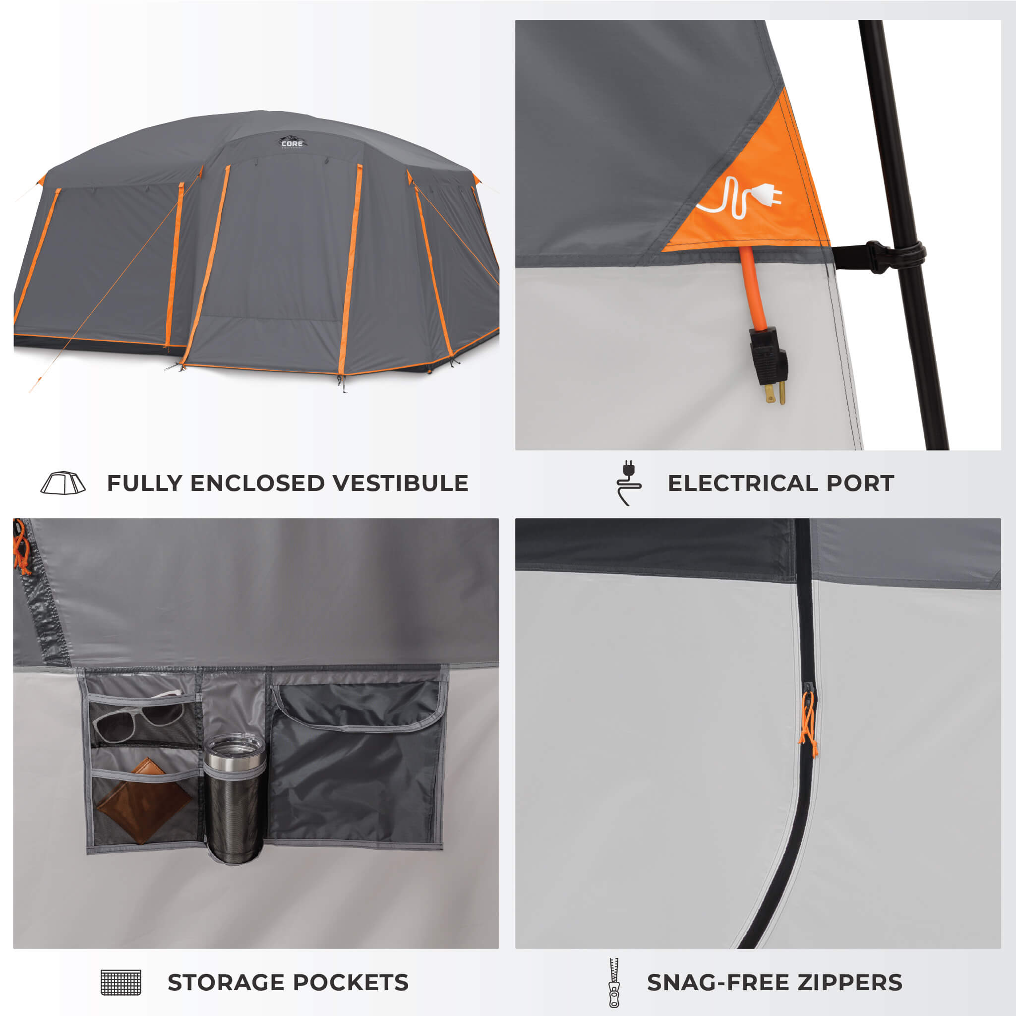 Details of CORE 10 person cabin tent with full rainfly with fully enclosed vestibule, storage pockets, snag-free zippers, and electrical port.
