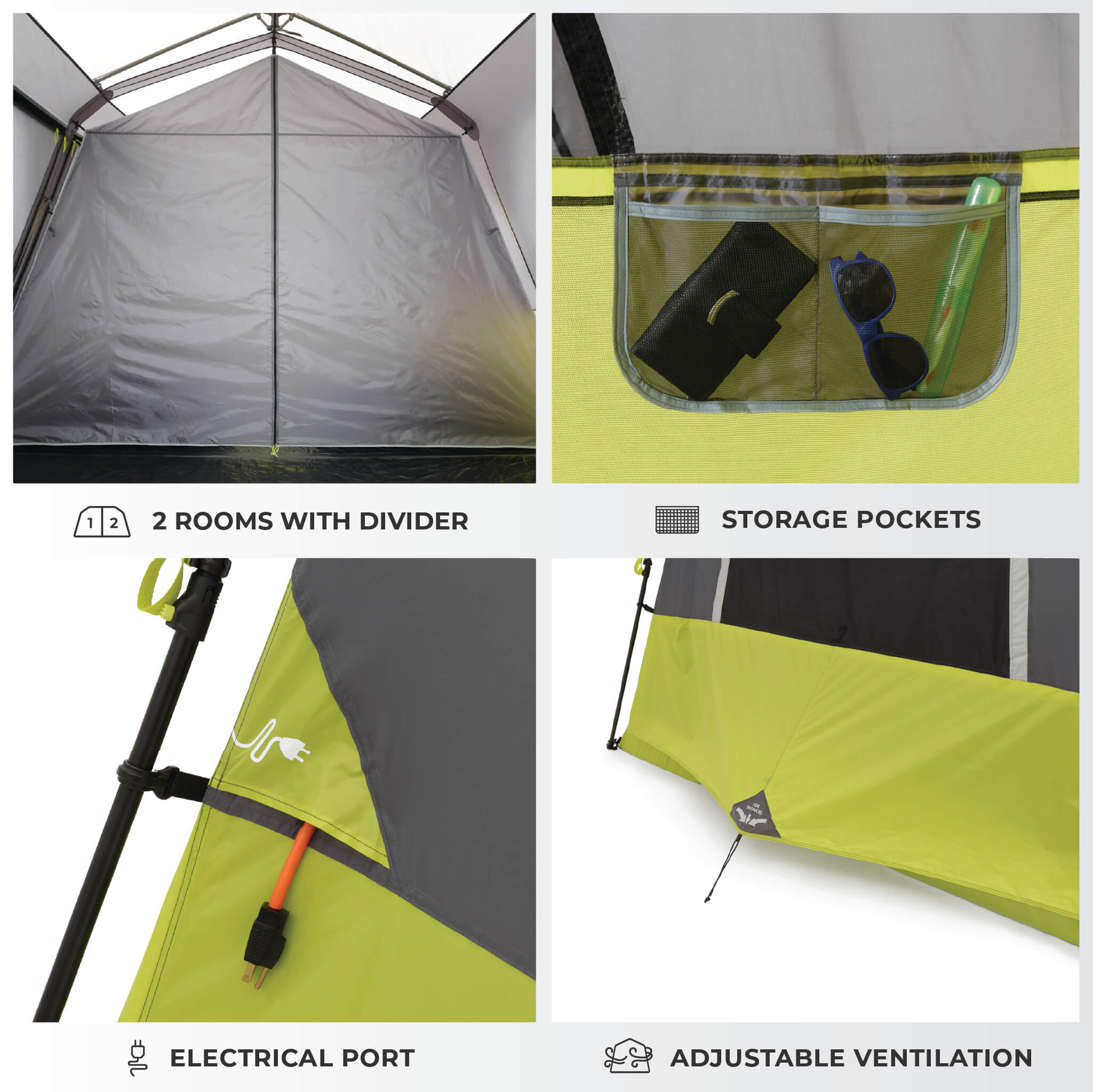 Details of CORE 10 person instant cabin tent with two rooms with divider, gear storage pockets, electrical port, and adjustable ventilation.