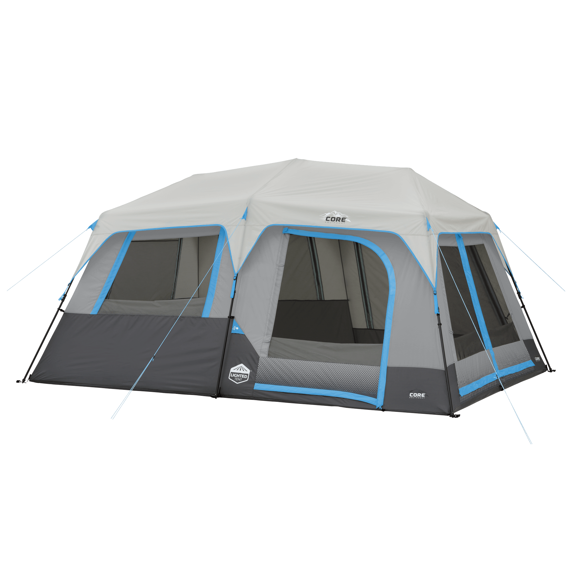 CORE 10 person lighted instant cabin tent in gray and blue with pre-attached poles, mesh windows, and tall peak height.