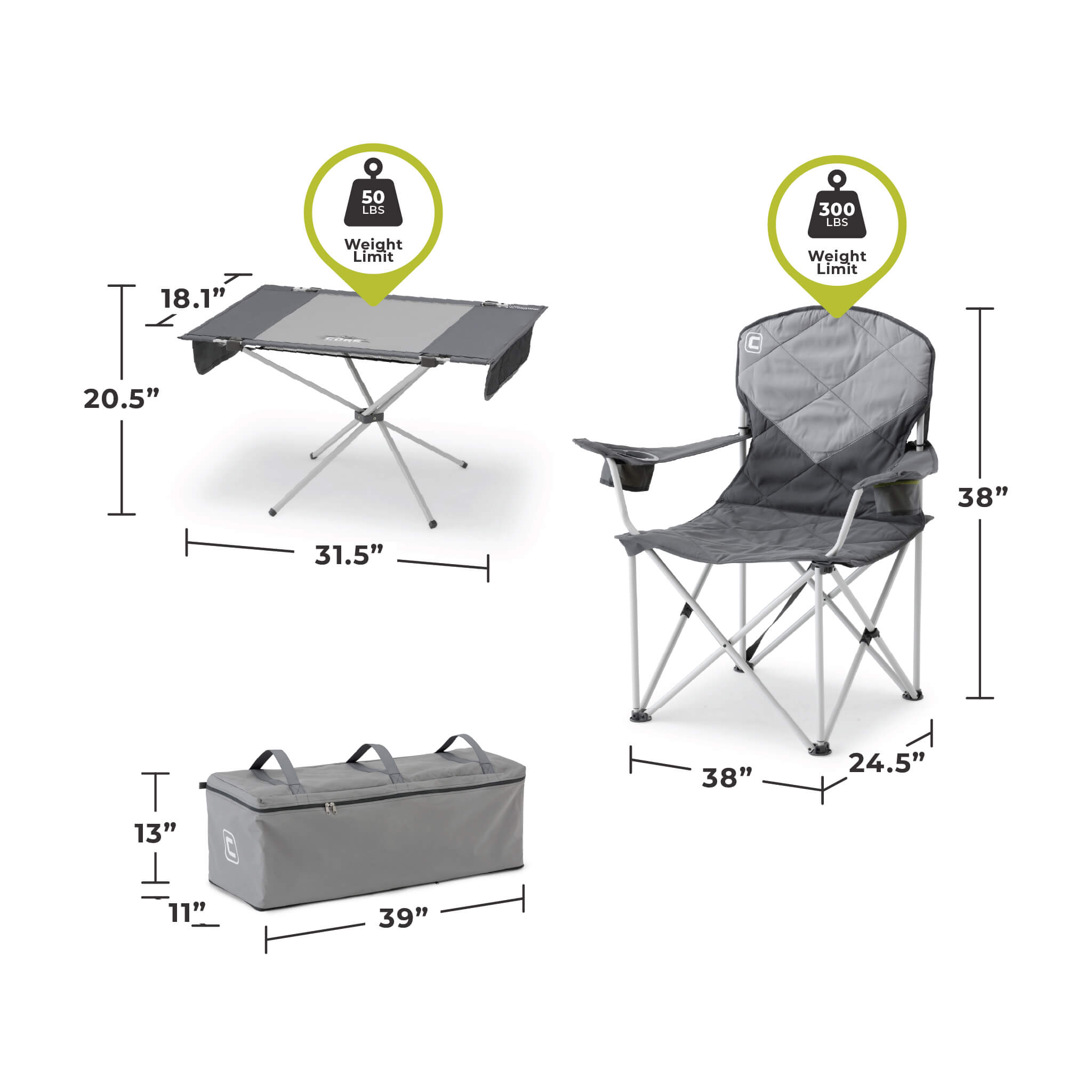 CORE folding camp chair and side table dimensions with padded seat, rear storage, and durable design for outdoor use.