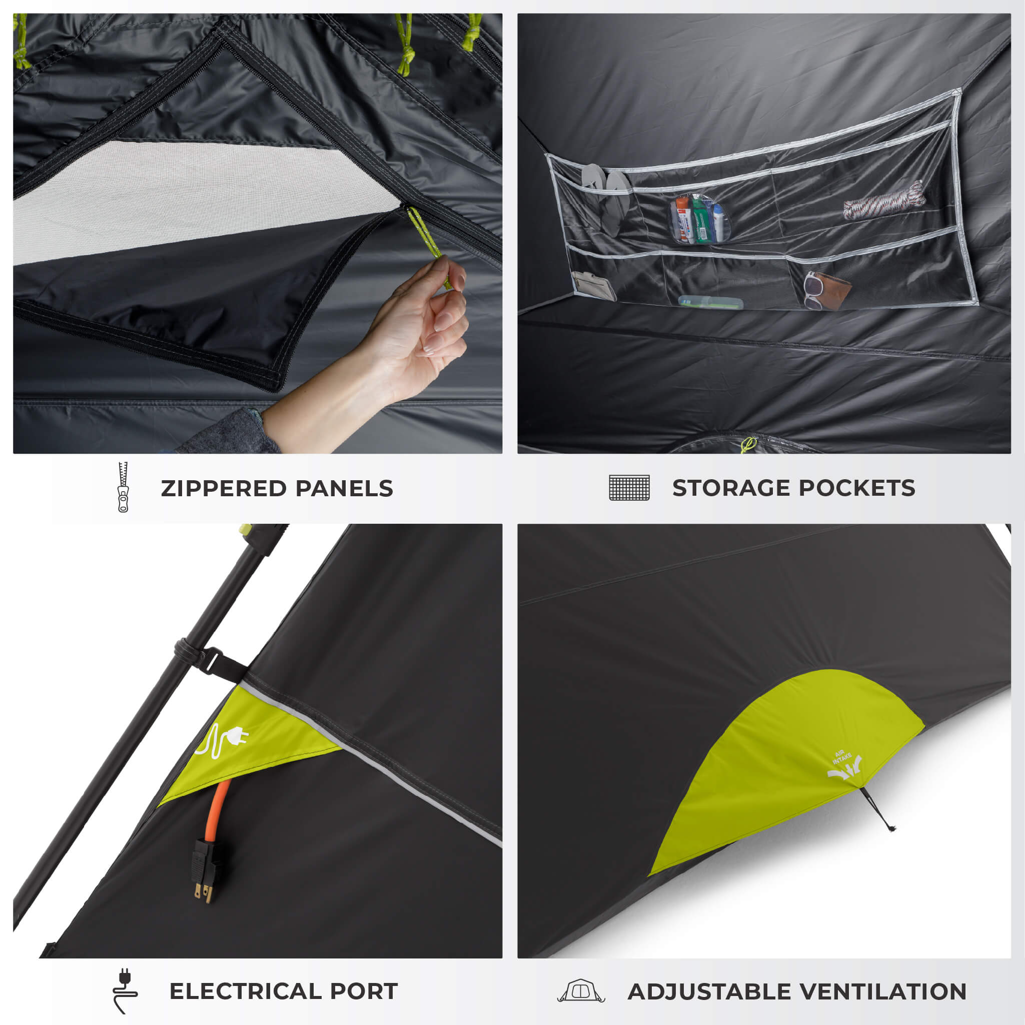 Details of CORE 6 person Blockout instant tent with zippered panels, storage pockets, electrical port, and adjustable ventilation.
