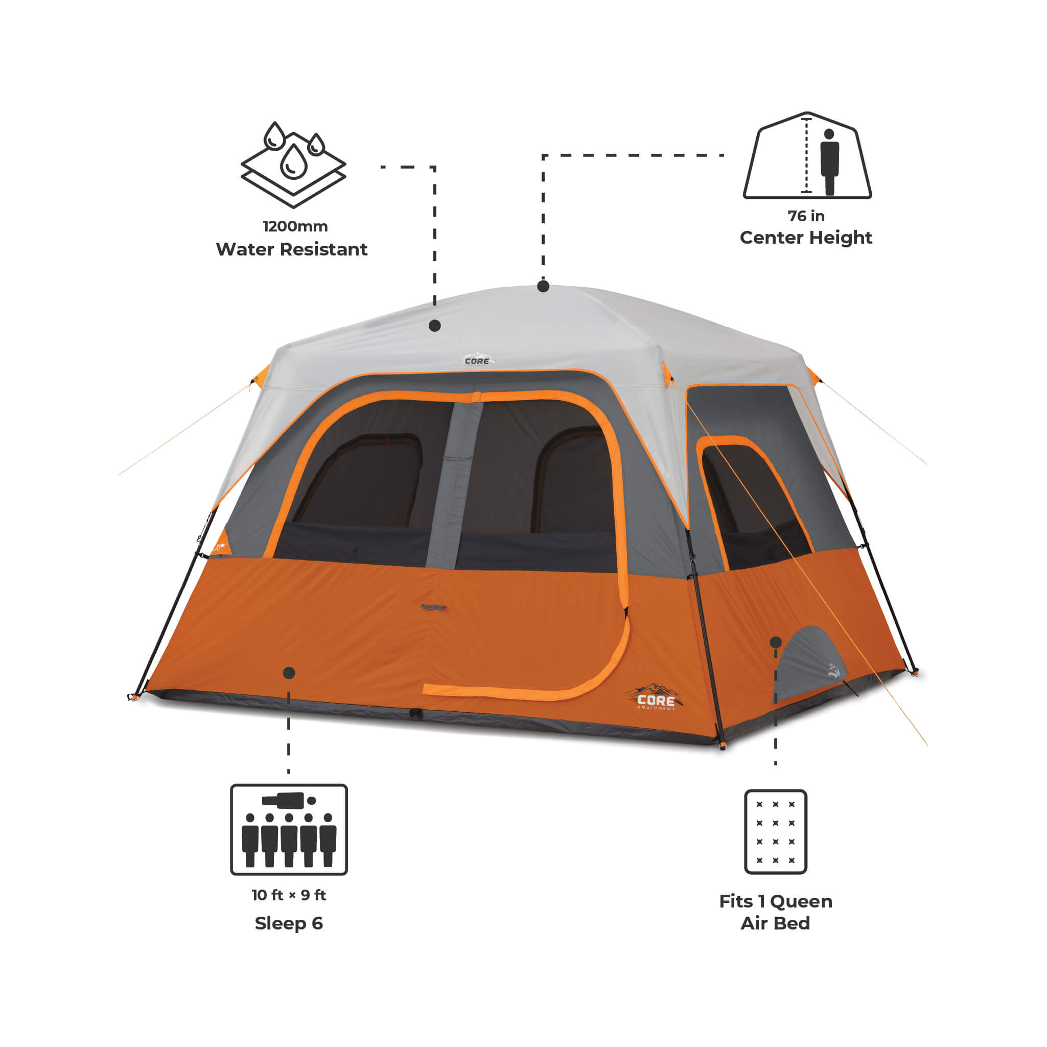 CORE 6 person straight wall cabin tent with 1200mm water resistance, 76 in height, 10x9 ft sleep 4, fits 1 queen bed.