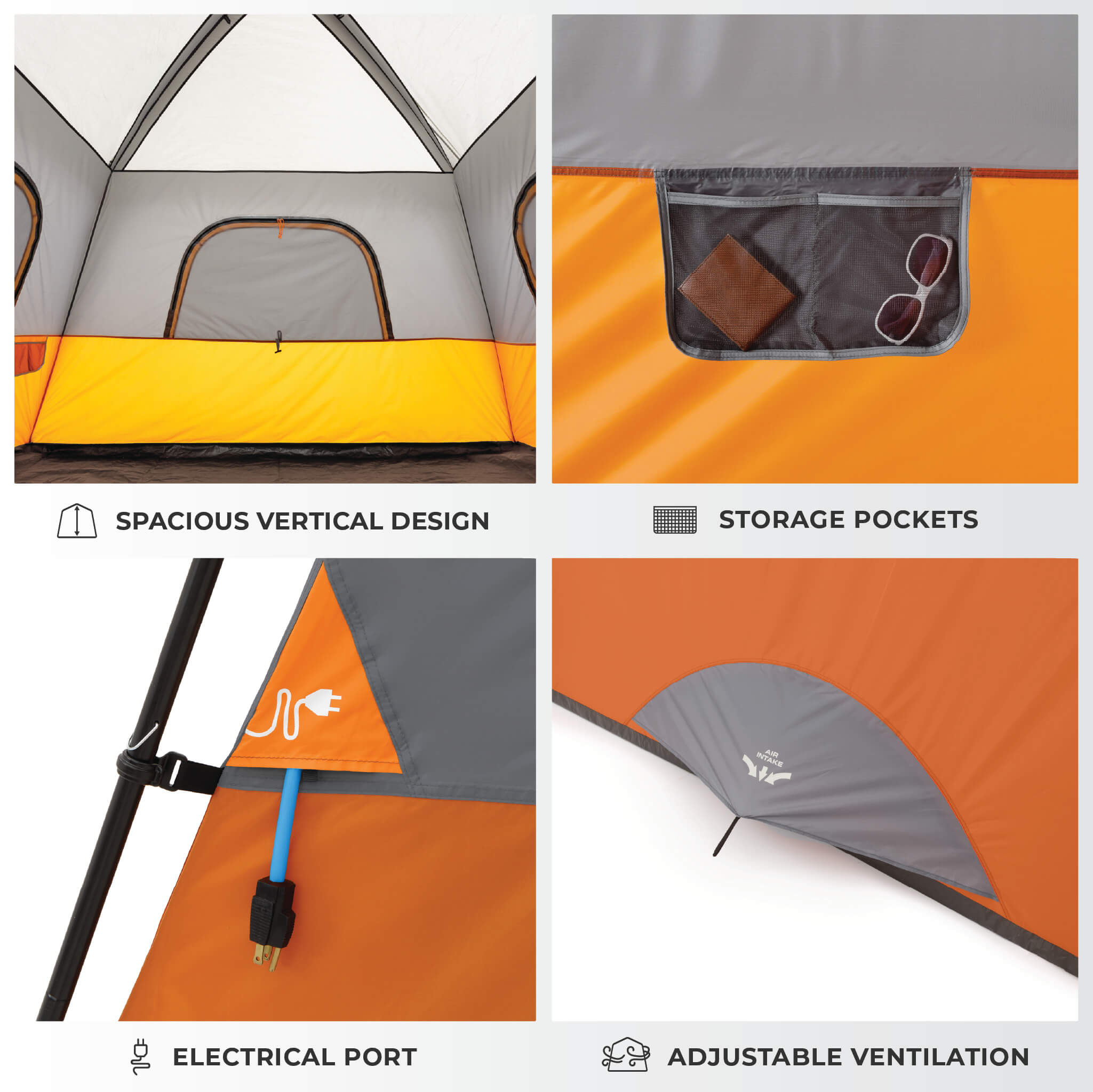 CORE 6 person straight wall cabin tent interior showing spacious vertical design, storage pockets, electrical port, and adjustable ventilation.