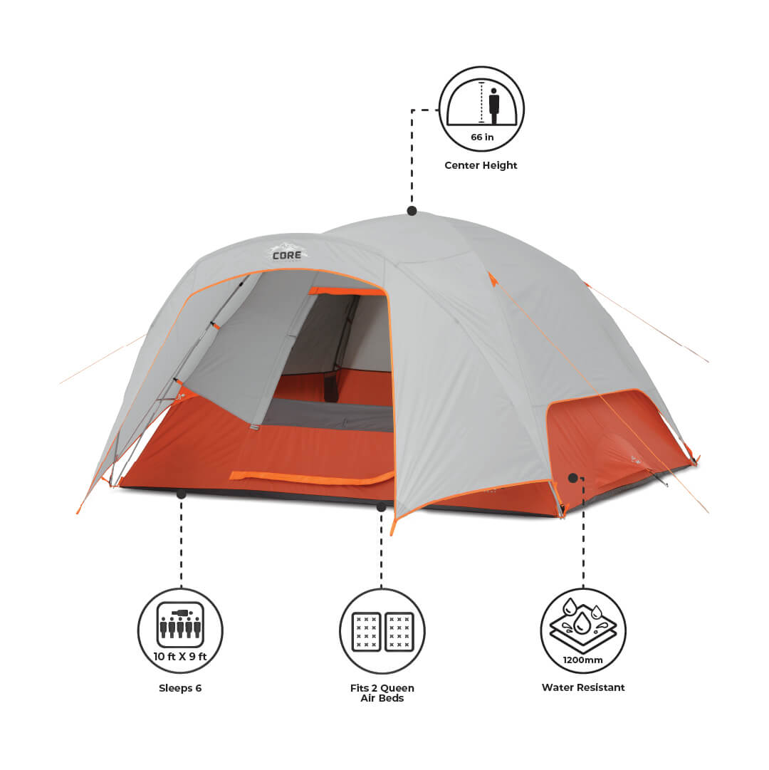 CORE 6 person dome tent with vestibule with dimensions.