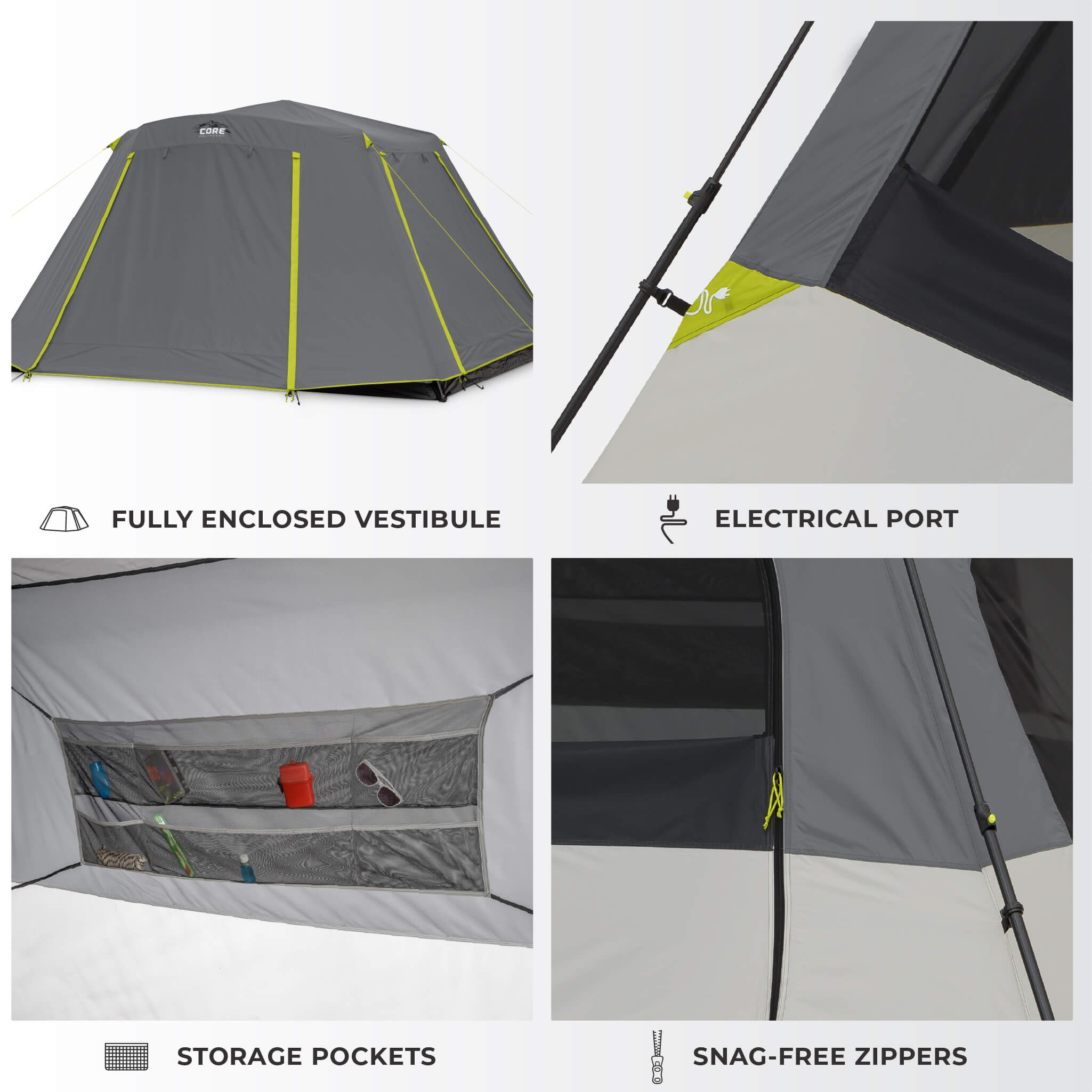 CORE 6 person instant cabin tent features shown with enclosed vestibule, storage pockets, electrical port, and snag-free zippers.