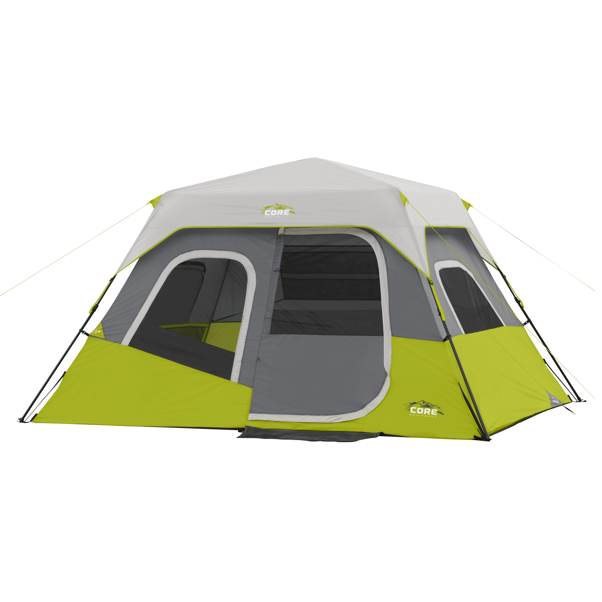 CORE 6 person instant cabin tent in dark gray and green, featuring pre-attached poles for a quick 60-second setup and spacious interior.