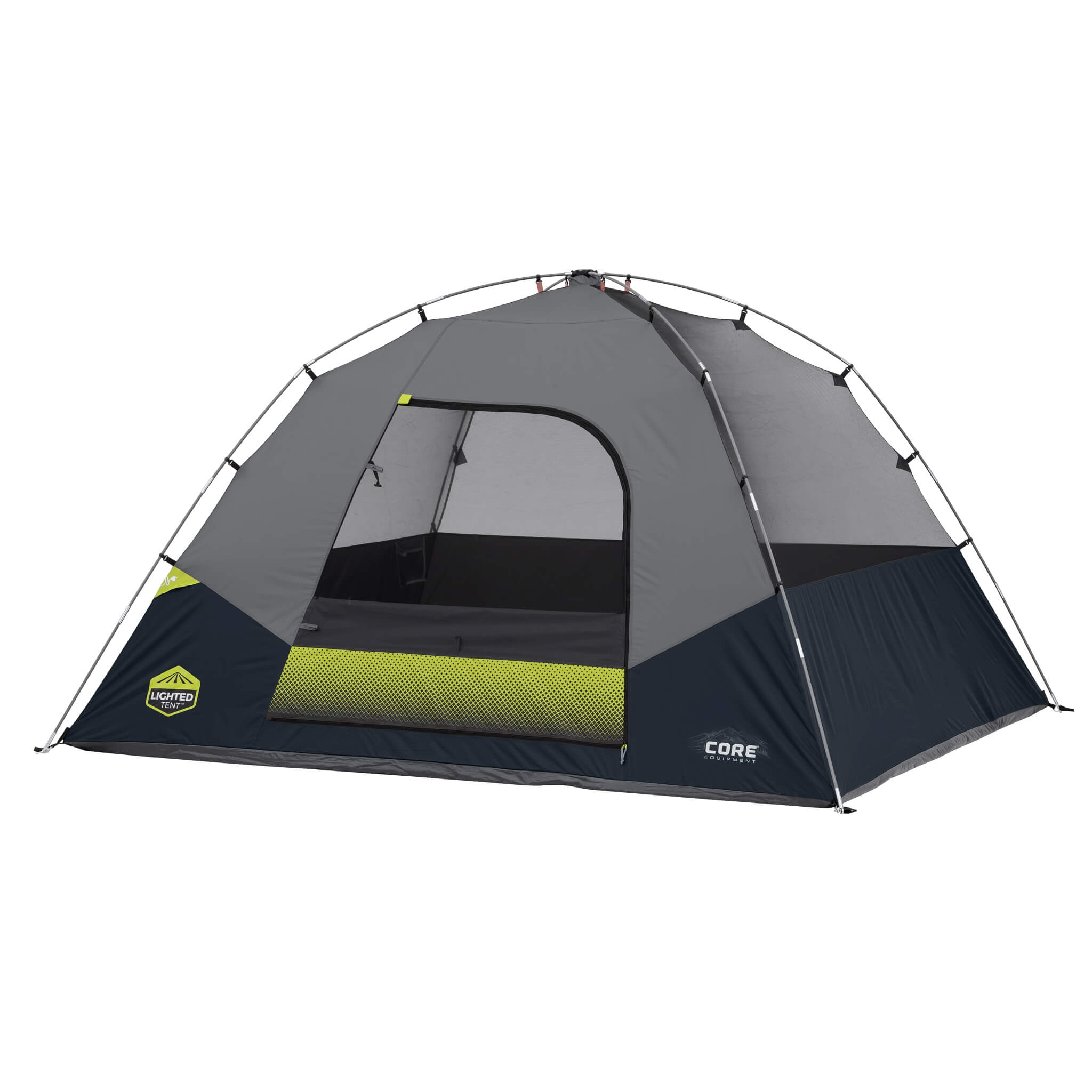 CORE 6 person lighted dome tent with full rainfly shown without rainfly, featuring mesh ceiling and large door for airflow and easy entry.