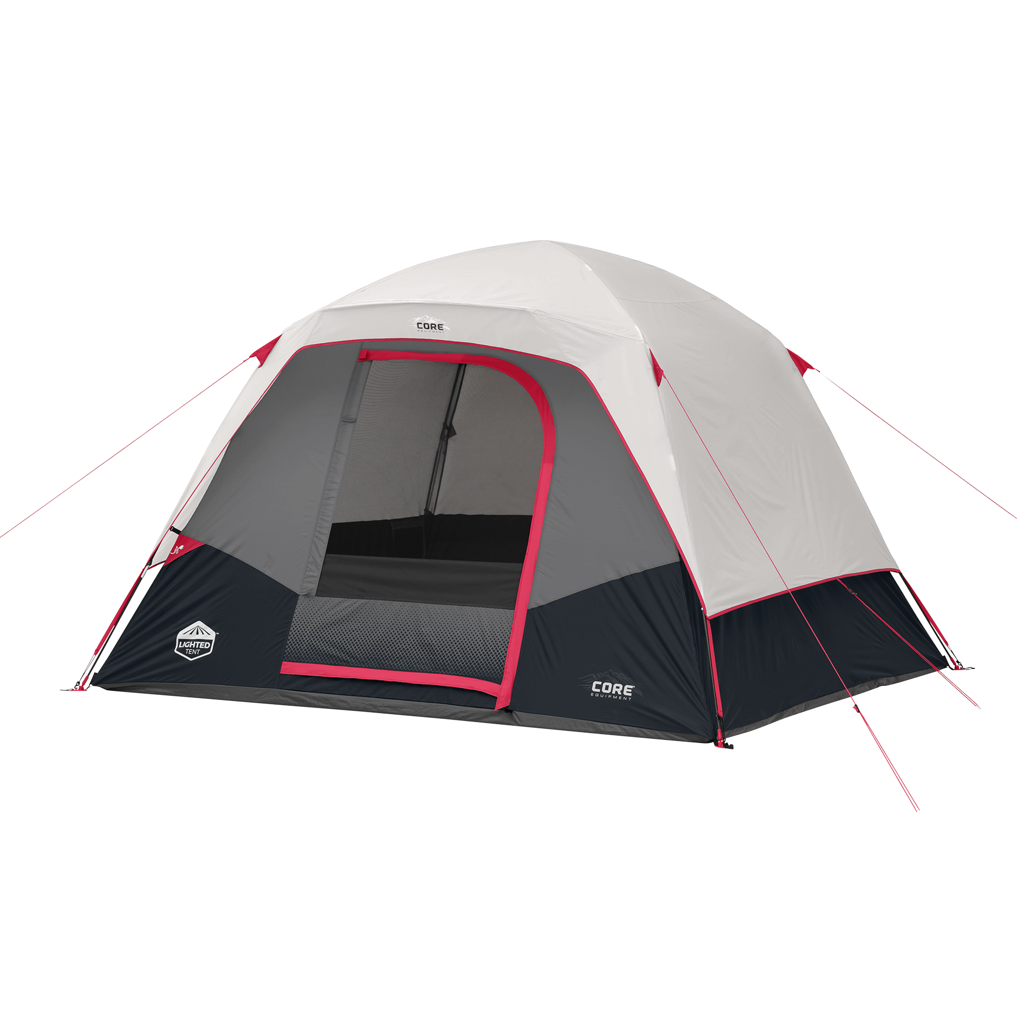 CORE 6 person lighted dome tent in gray with red accents, shown with mesh door and weather protection.