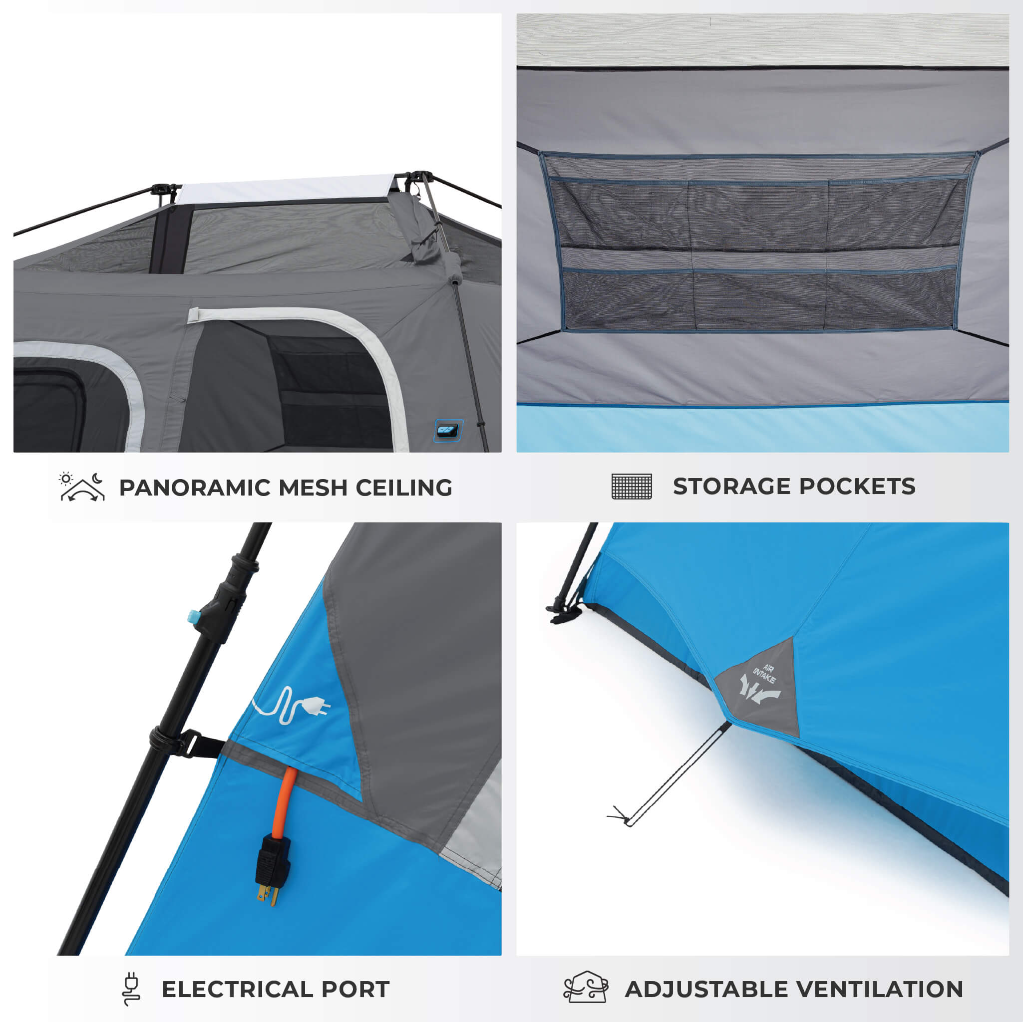 Image shows tent features labeled: Panoramic Mesh Ceiling, Storage Pockets, Electrical Port, and Adjustable Ventilation.