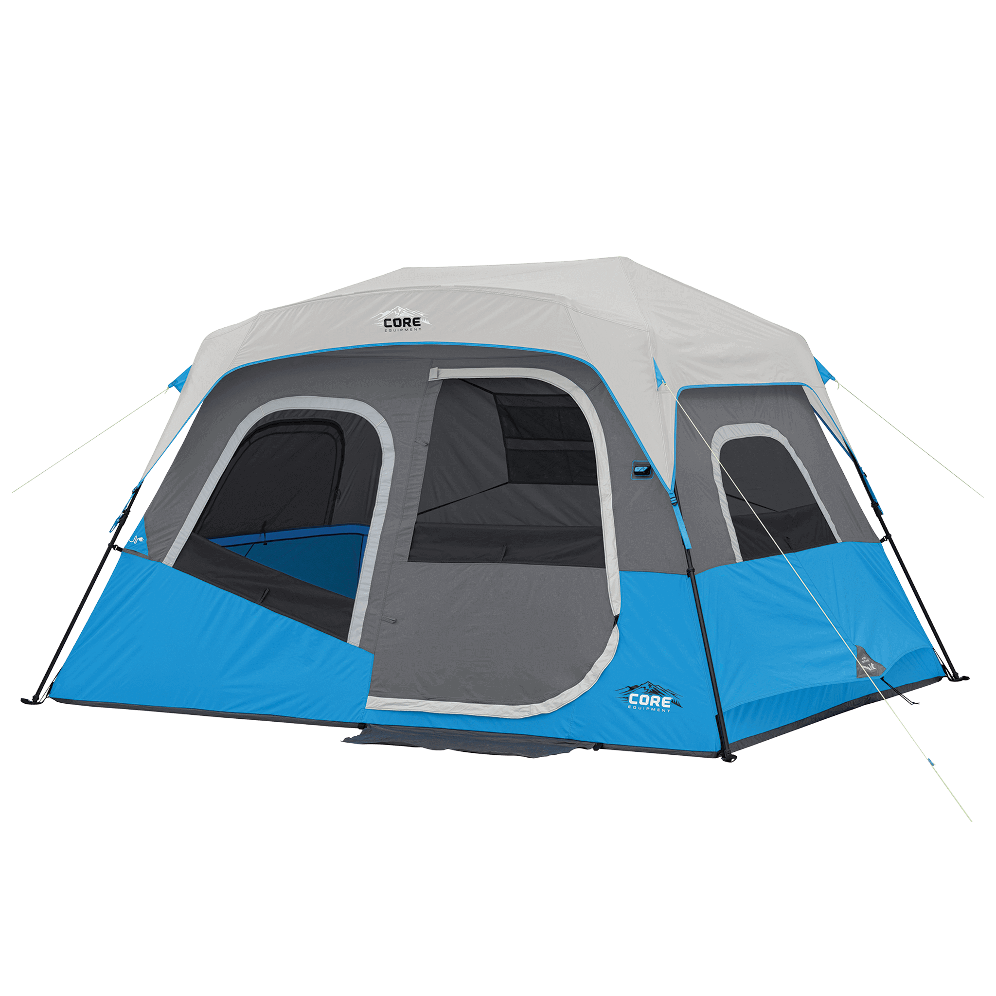 CORE 6 person lighted instant cabin tent in blue and gray, featuring pre-attached poles for a quick 60-second setup and spacious interior.