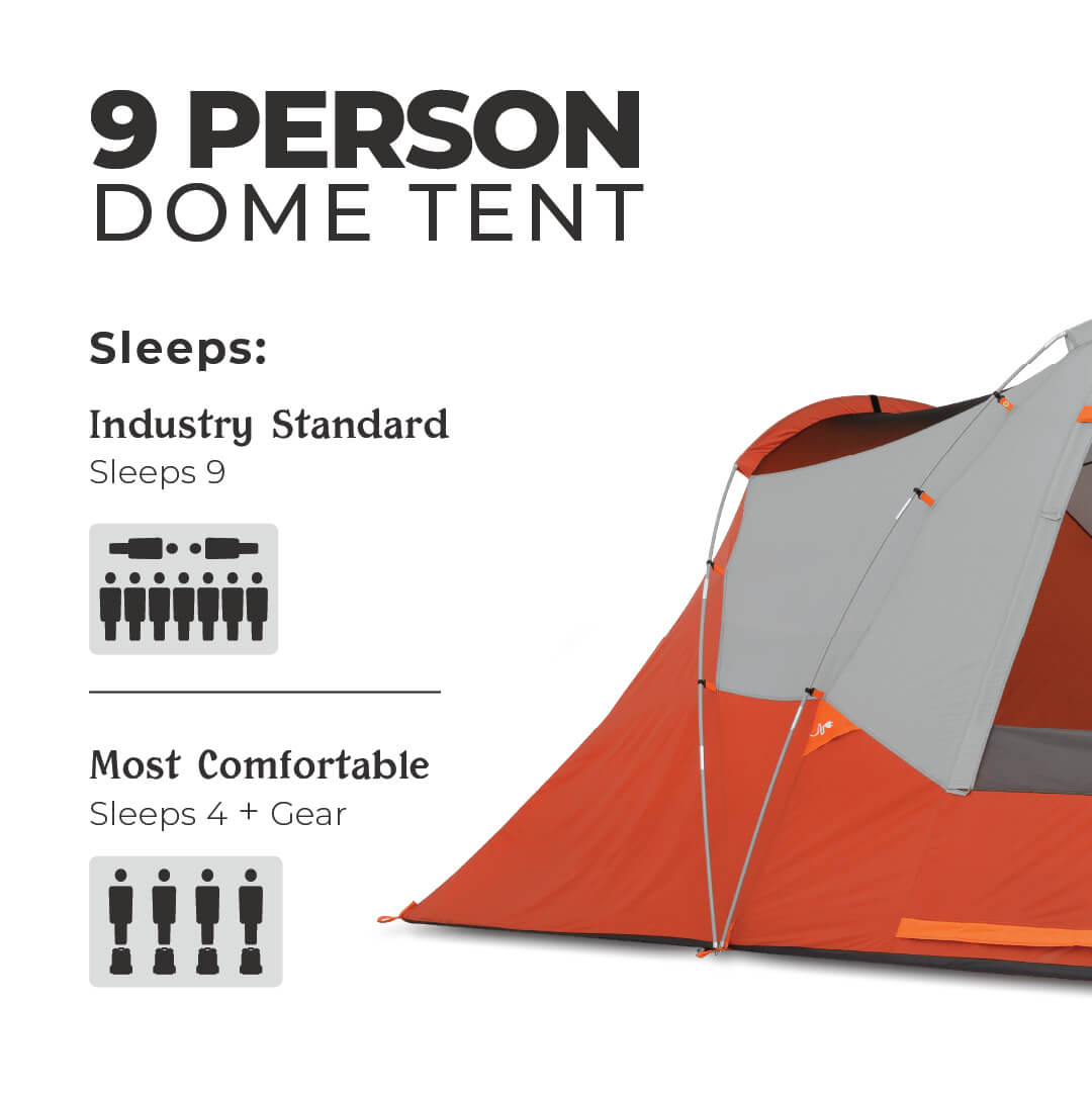 9 person dome tent showing the sleeping capacity.