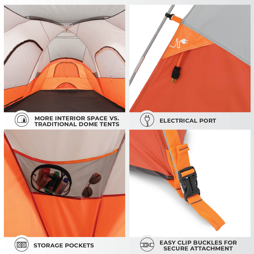 Collage of features of the 9 person dome tent.