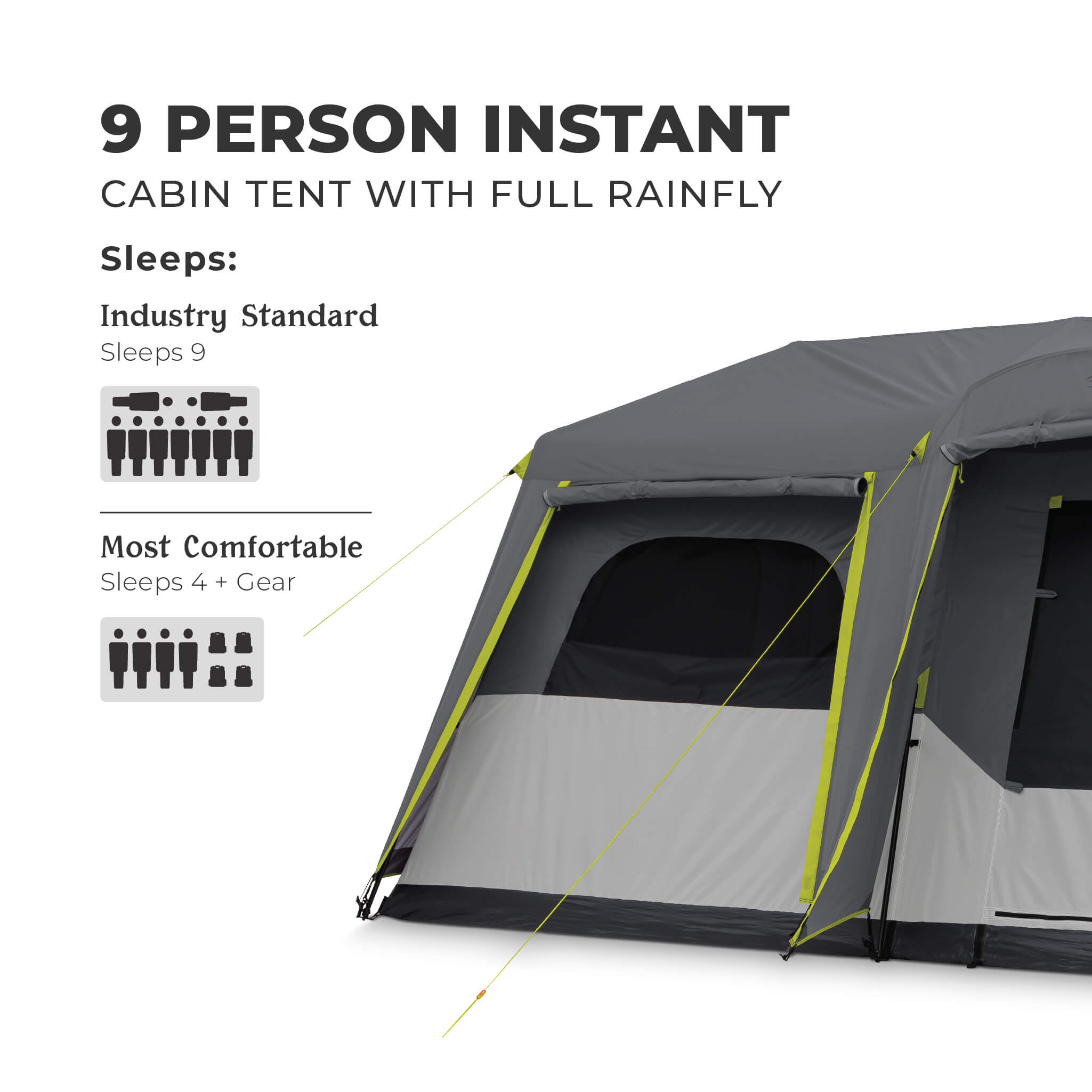 CORE 9 person instant cabin tent capacity graphic showing industry standard sleeps 9 and most comfortable fit for 4 plus gear.