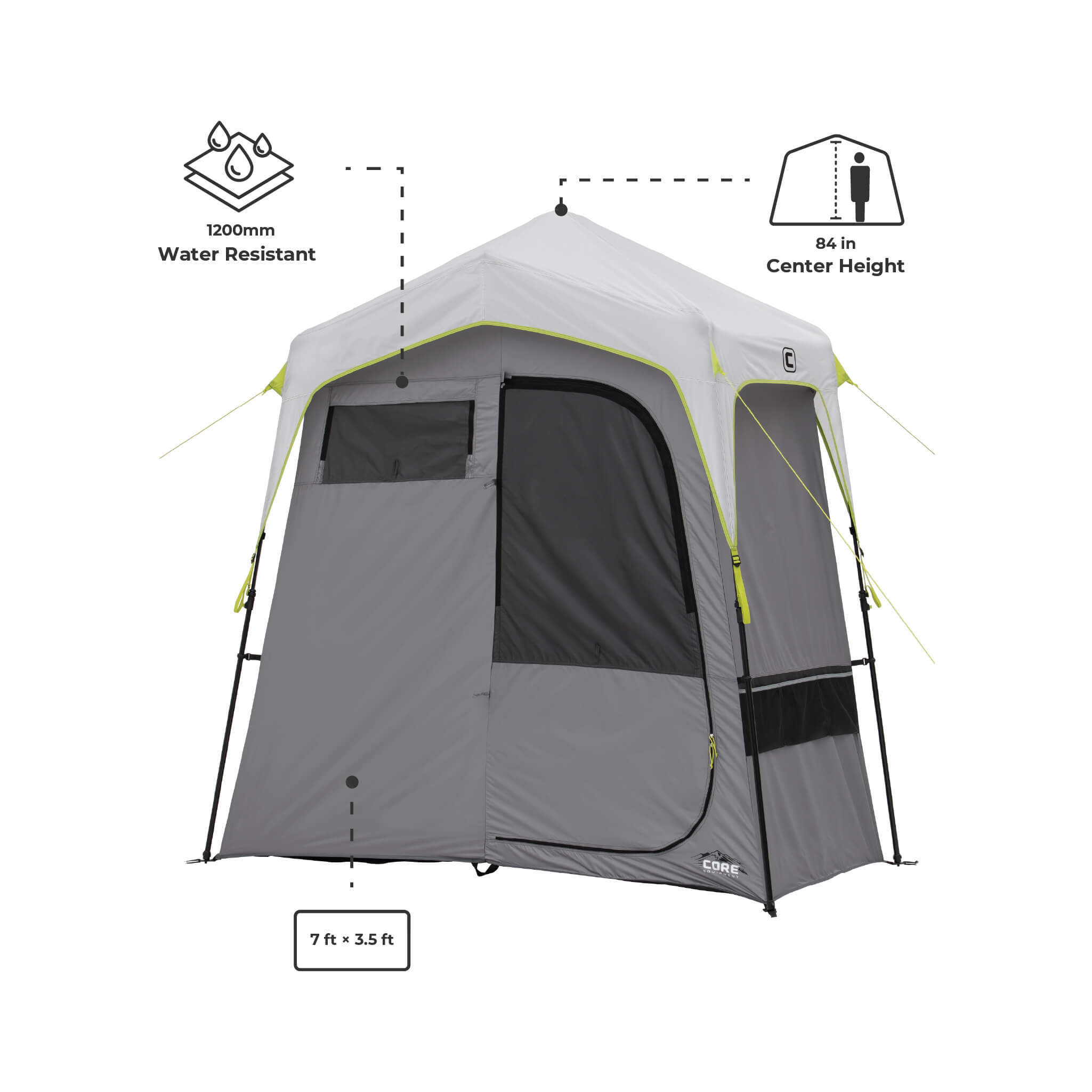 Image shows text: 1200mm Water Resistant, 84 in Center Height, and 7 ft x 3.5 ft with labeled dimensions on the CORE instant shower tent.