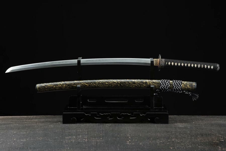 boxkatana Hand Forged Japanese Samurai Katana Sea Wave Cutter Plate Pattern Steel Yellow