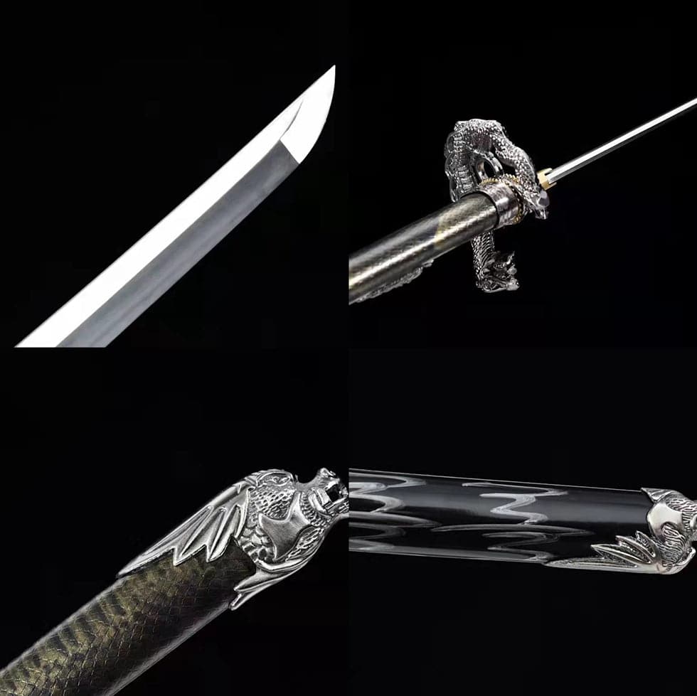 boxkatana Hand Forged Japanese Samurai Katana Silver Dragon High Manganese Steel Black and grey
