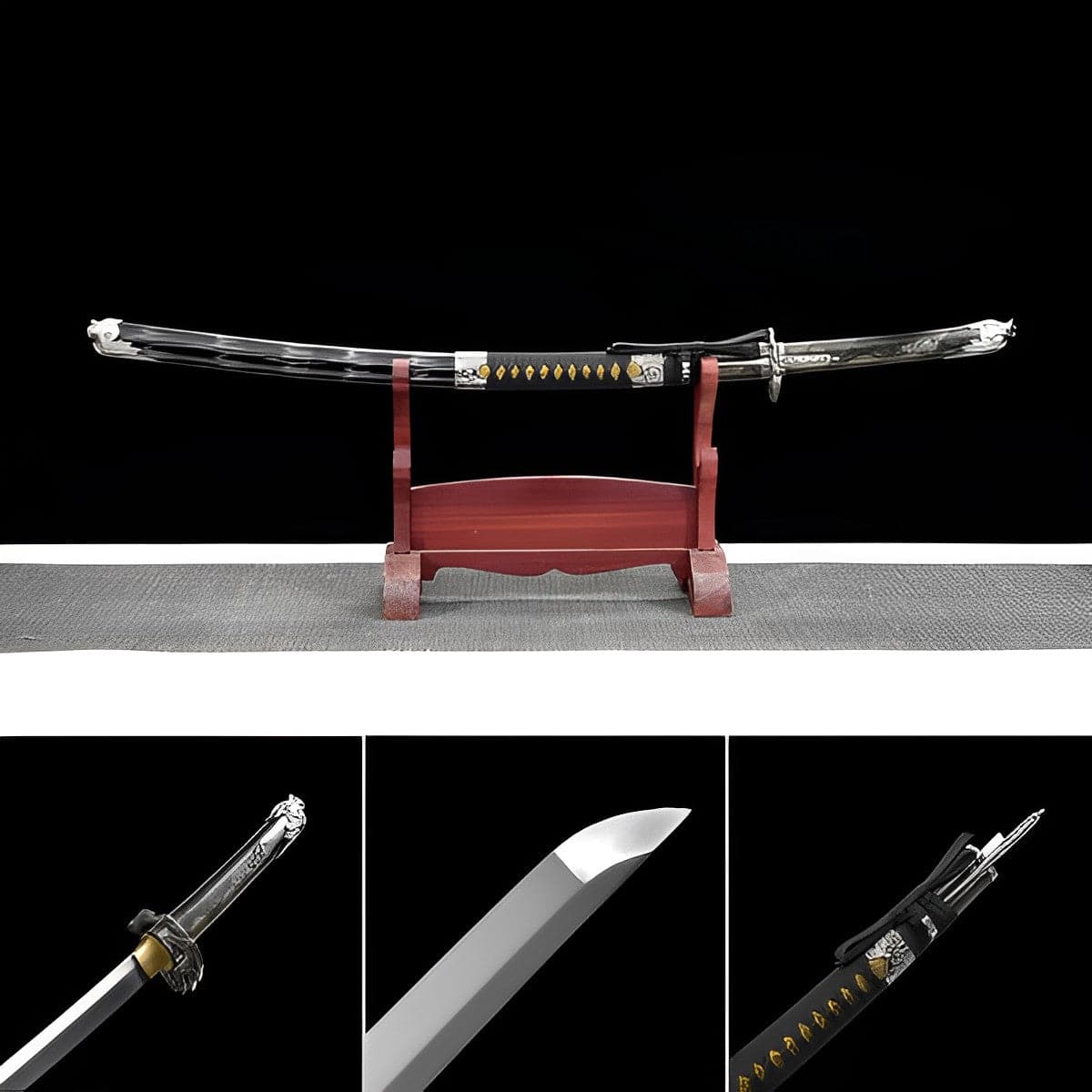 boxkatana Hand Forged Japanese Samurai Katana Silver Dragon High Manganese Steel Black and grey