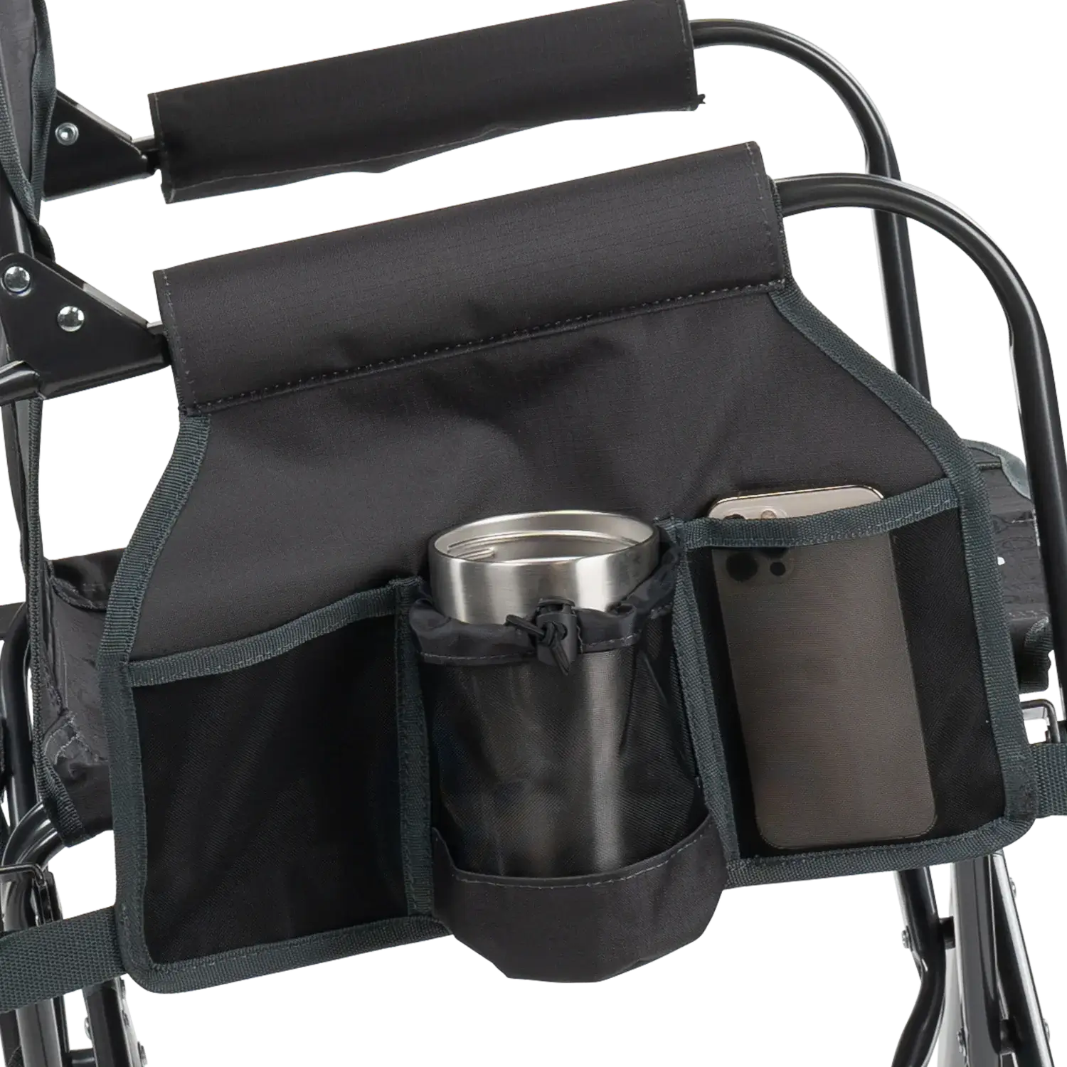 Versatile drink caddy on tailgater dark charcoal stowaway rocker.