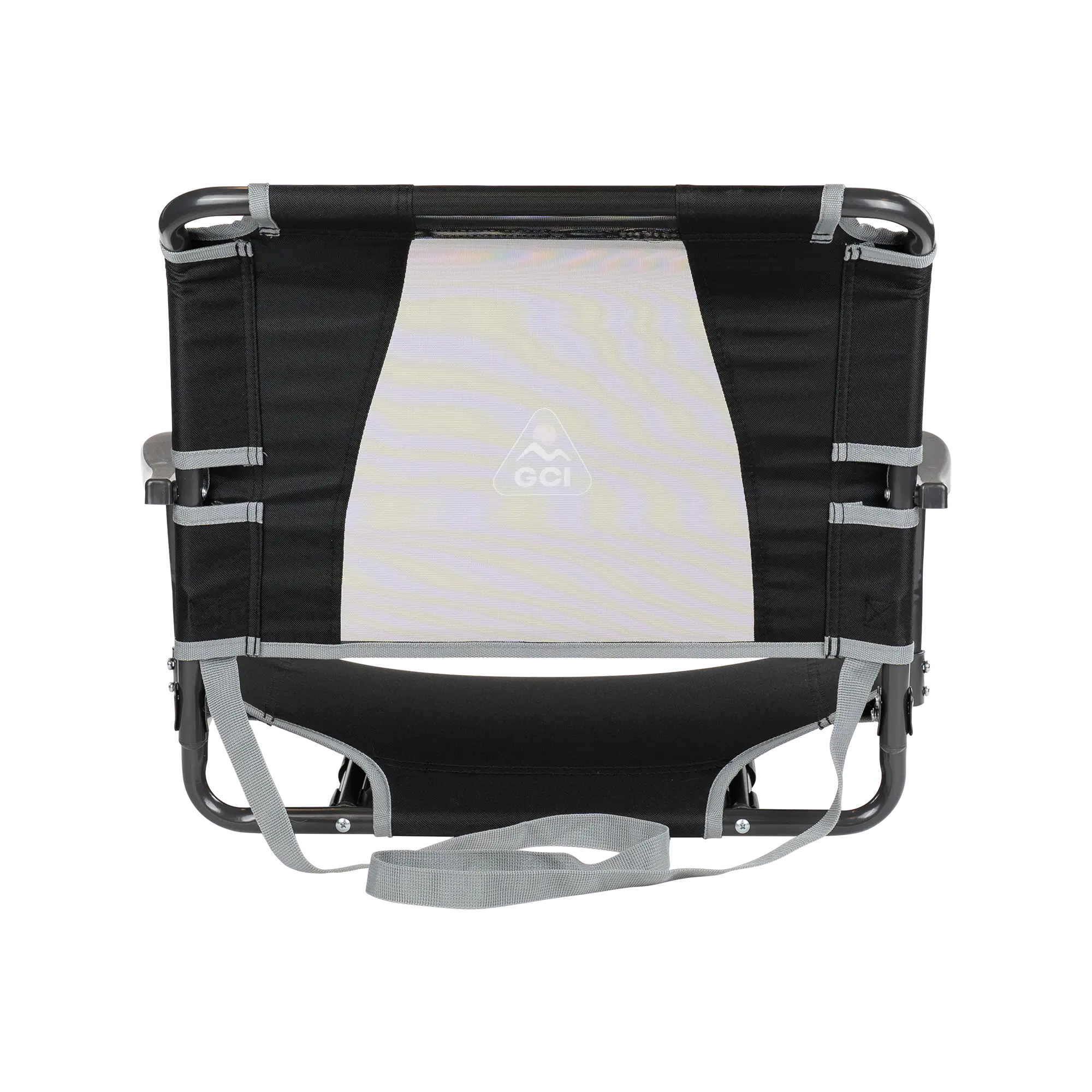 Straight back angle of the backside of the black big comfort stadium with armrests. 