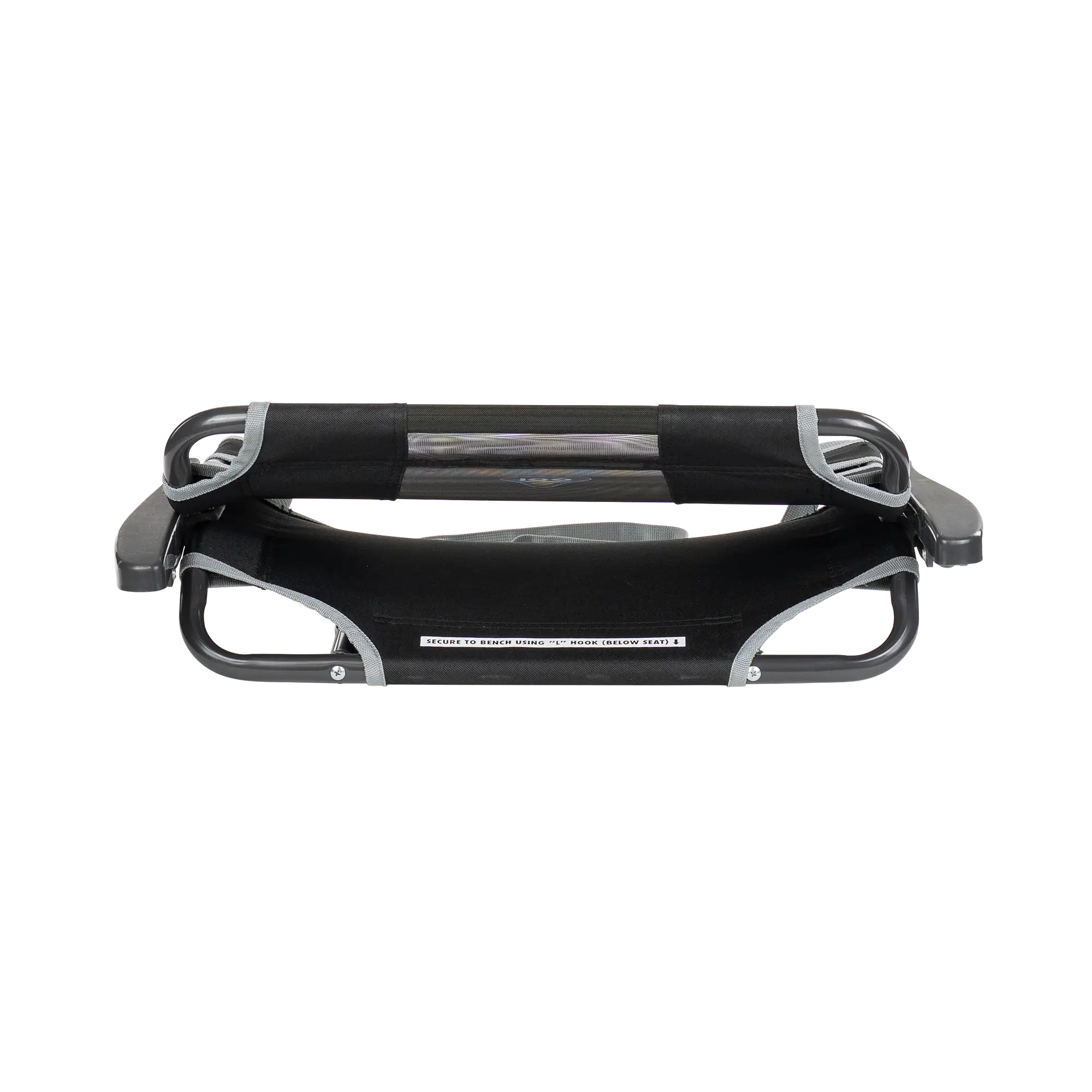 The black big comfort stadium chair with armrest folded up. 