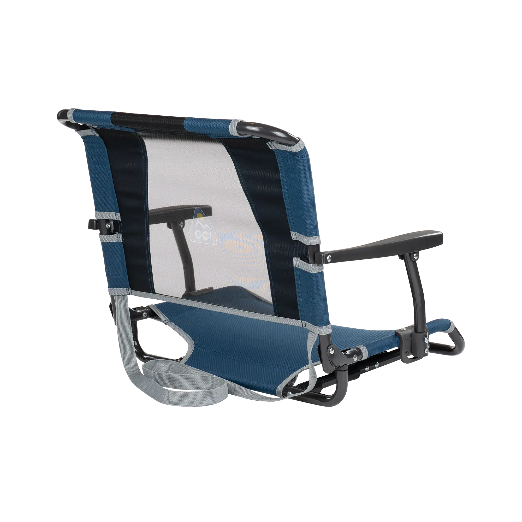 Back side of the navy big comfort stadium chair with armrests. 