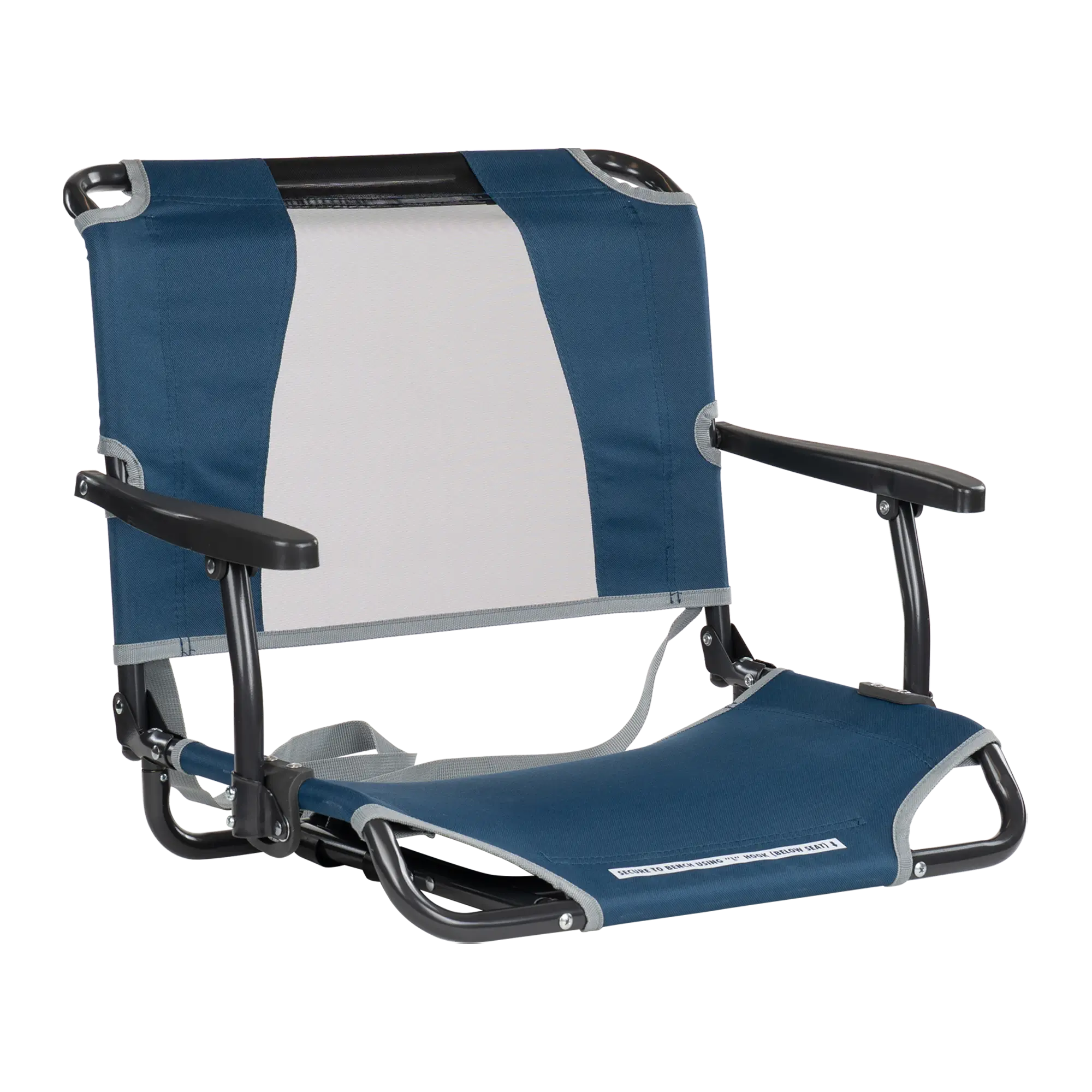 Front angle of the navy big comfort stadium chair with armrests. 